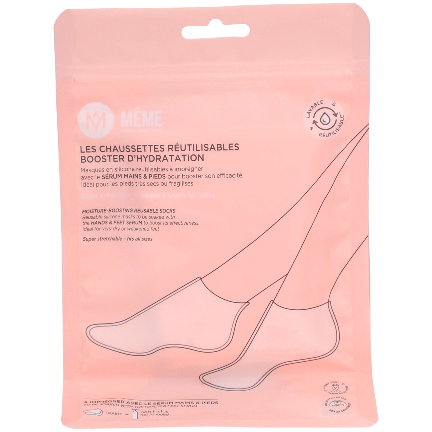 Rosa Verpackung mit MEME Feuchtigkeitssocken. Illustration von Füßen. Text: LES CHAUSSETTES RÉUTILISABLES, BOOSTER D'HYDRATATION.