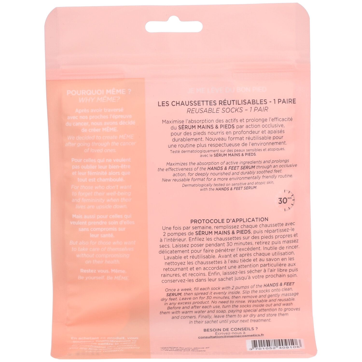 Rückseite der rosa Verpackung. Text: LES CHAUSSETTES RÉUTILISABLES - 1 PAIRE. Anwendungshinweise. Text: 30 Minuten.