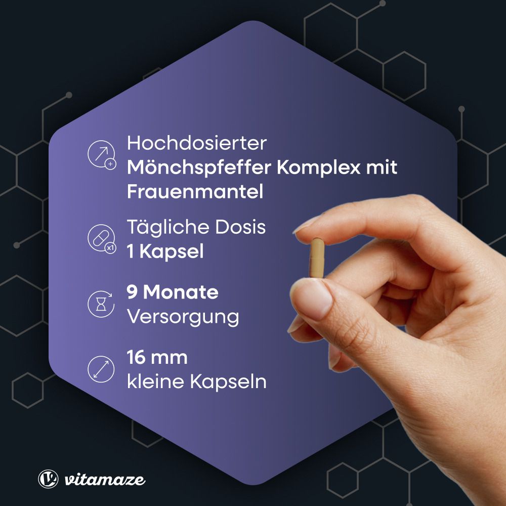 Vitamazen Mönchspfeffer Complex: 1 Kapsel täglich, 9 Monate Vorrat, 16mm kleine Kapseln.