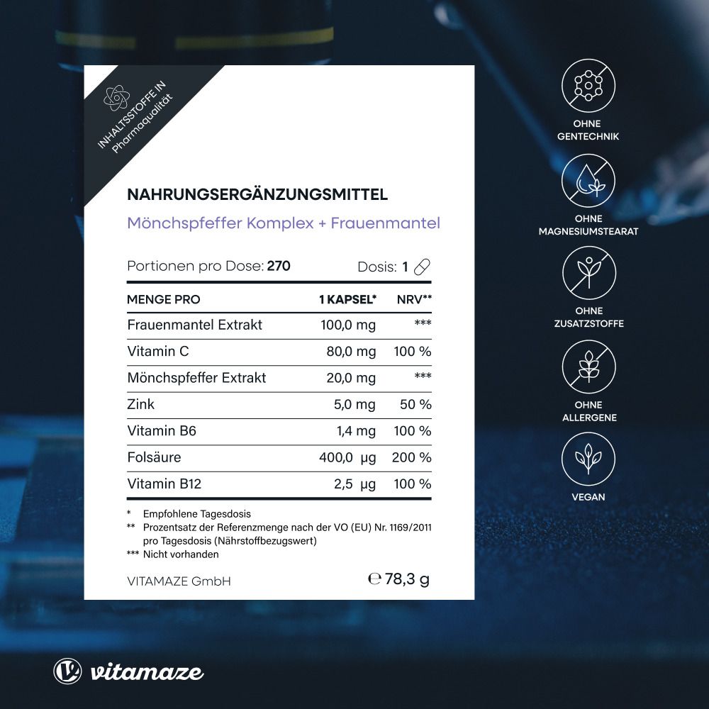 Nahrungsergänzungsmittel Mönchspfeffer Komplex: 100mg Frauenmantel, 80mg Vit C, 20mg Mönchspfeffer.