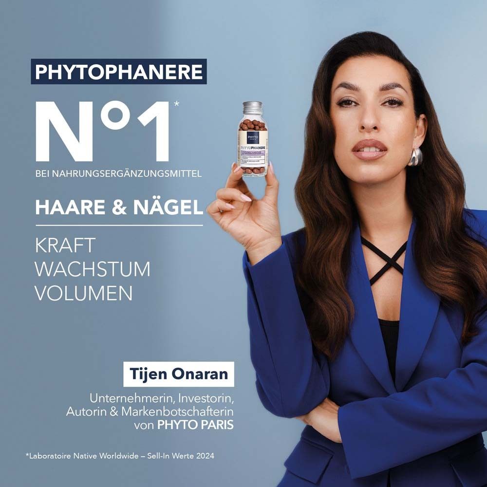 Frau hält eine Flasche PHYTO PARIS Phytophanère. Text: Nahrungsergänzungsmittel für Haare & Nägel. N°1 bei Nahrungsergänzungsmitteln.