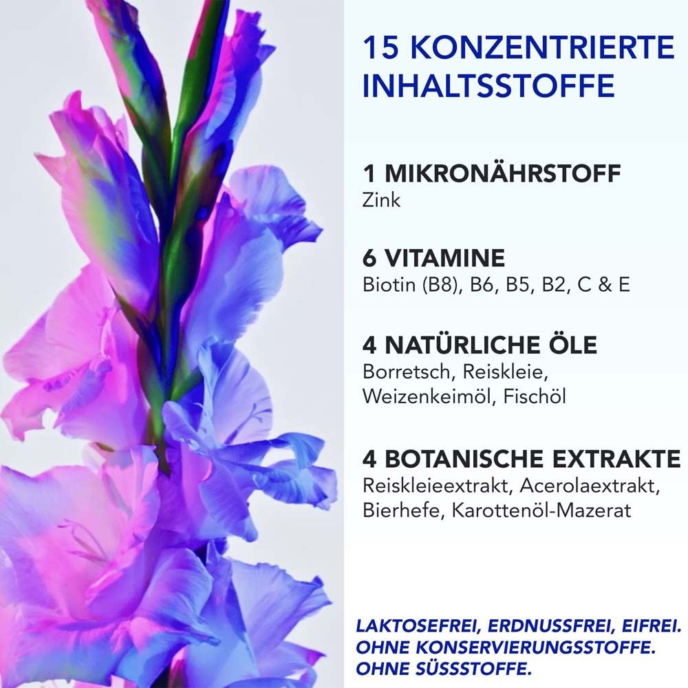 Infografik mit Inhaltsstoffen. 15 konzentrierte Inhaltsstoffe. 1 Mikronährstoff Zink. 6 Vitamine. 4 natürliche Öle. 4 botanische Extrakte. Ohne Zusätze.