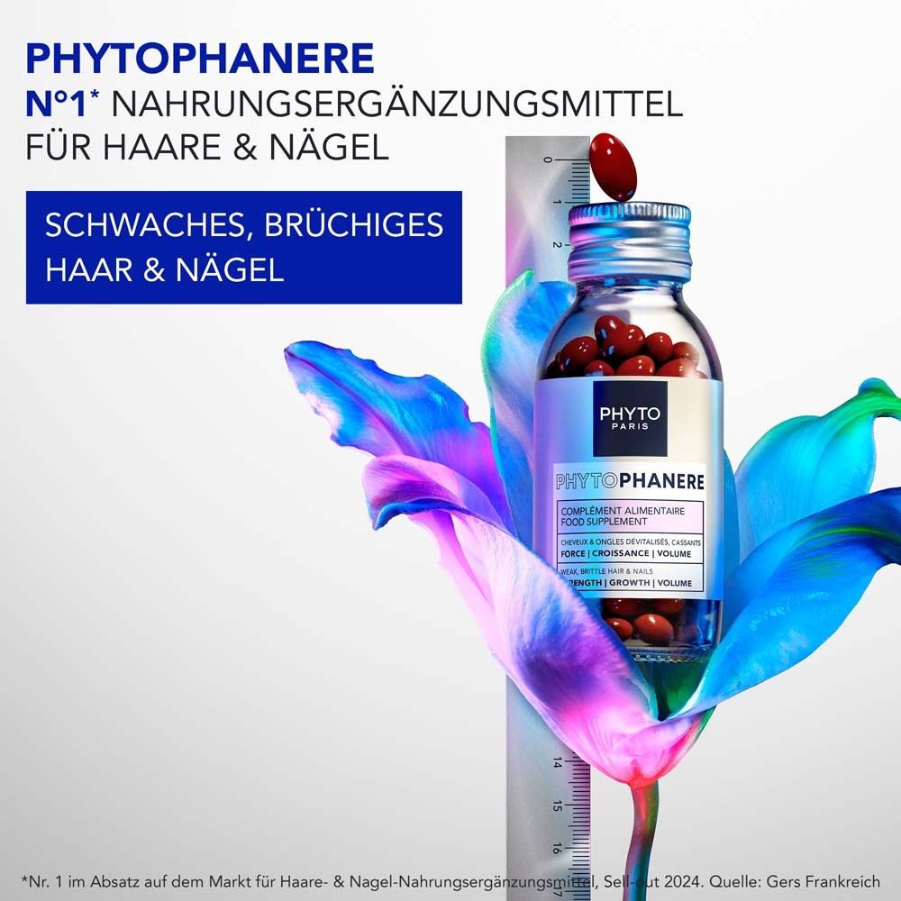 Flasche PHYTO PARIS Phytophanère mit Kapsel. Text: Nahrungsergänzungsmittel für Haare & Nägel. Schwaches, brüchiges Haar. Mit Messlatte.