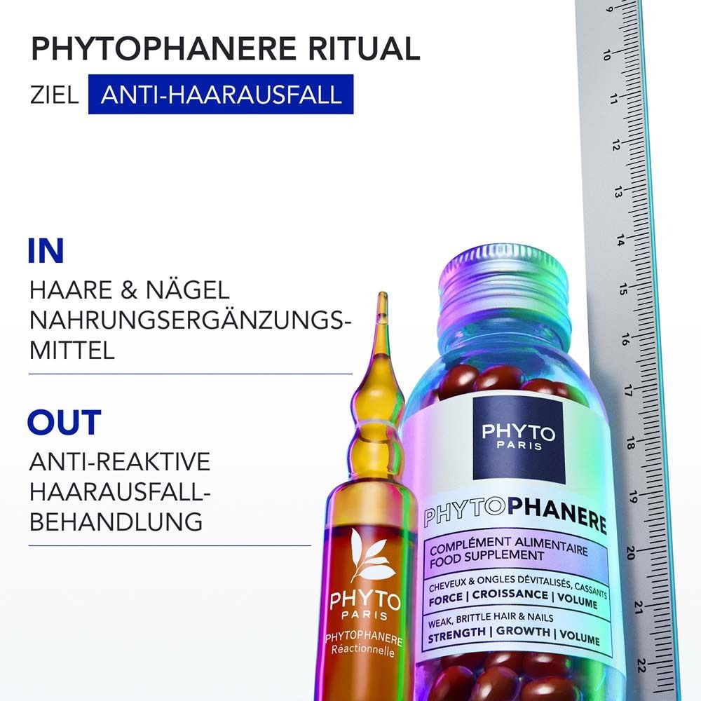 PHYTO PARIS Phytophanère Ritual. Ziel: Anti-Haarausfall. In: Haare & Nägel Nahrungsergänzungsmittel. Out: Anti-reaktive Haarausfall-Behandlung.
