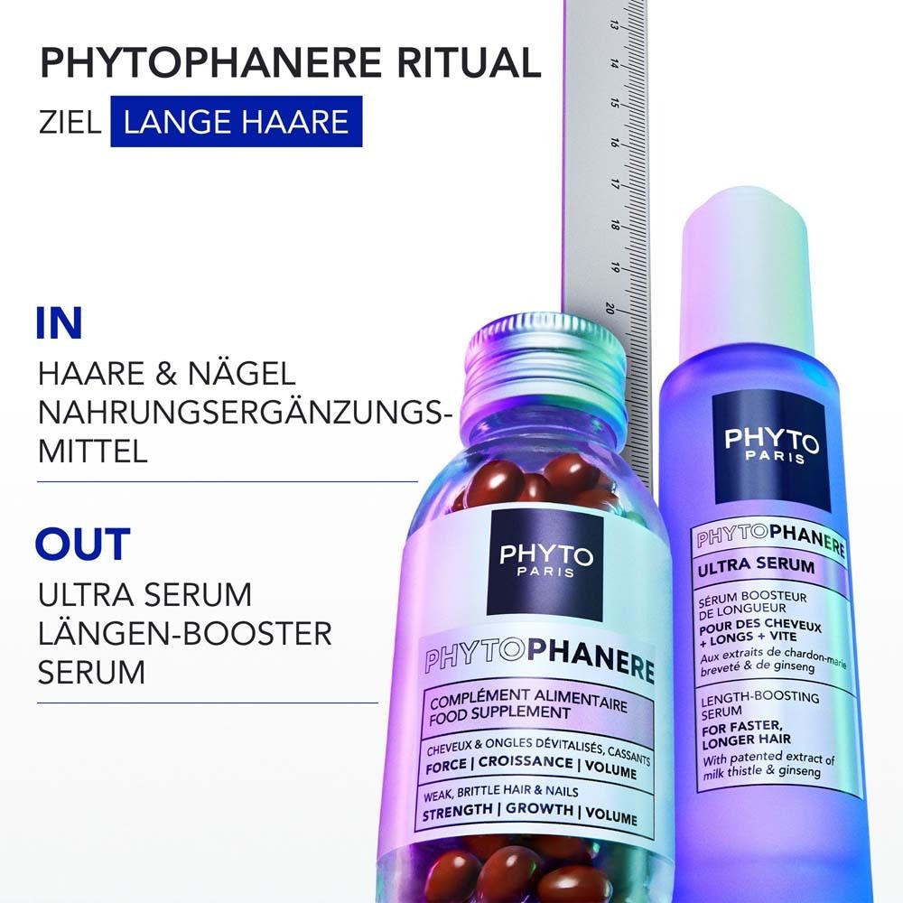 PHYTO PARIS Phytophanère Ritual. Ziel: Lange Haare. In: Haare & Nägel Nahrungsergänzungsmittel. Out: Ultra Serum Längen-Booster Serum.