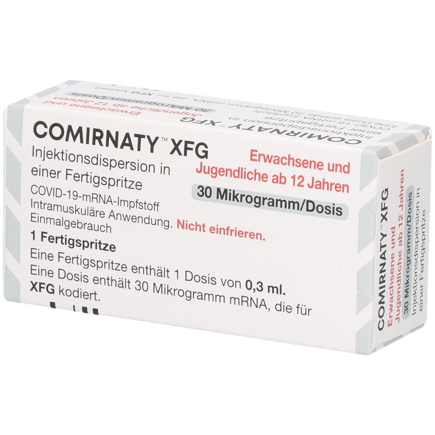 COMIRNATY XFG Fertigspritze: COVID-19 mRNA-Impfstoff, 30 Mikrogramm/Dosis, für Erwachsene und Jugendliche ab 12 Jahren.