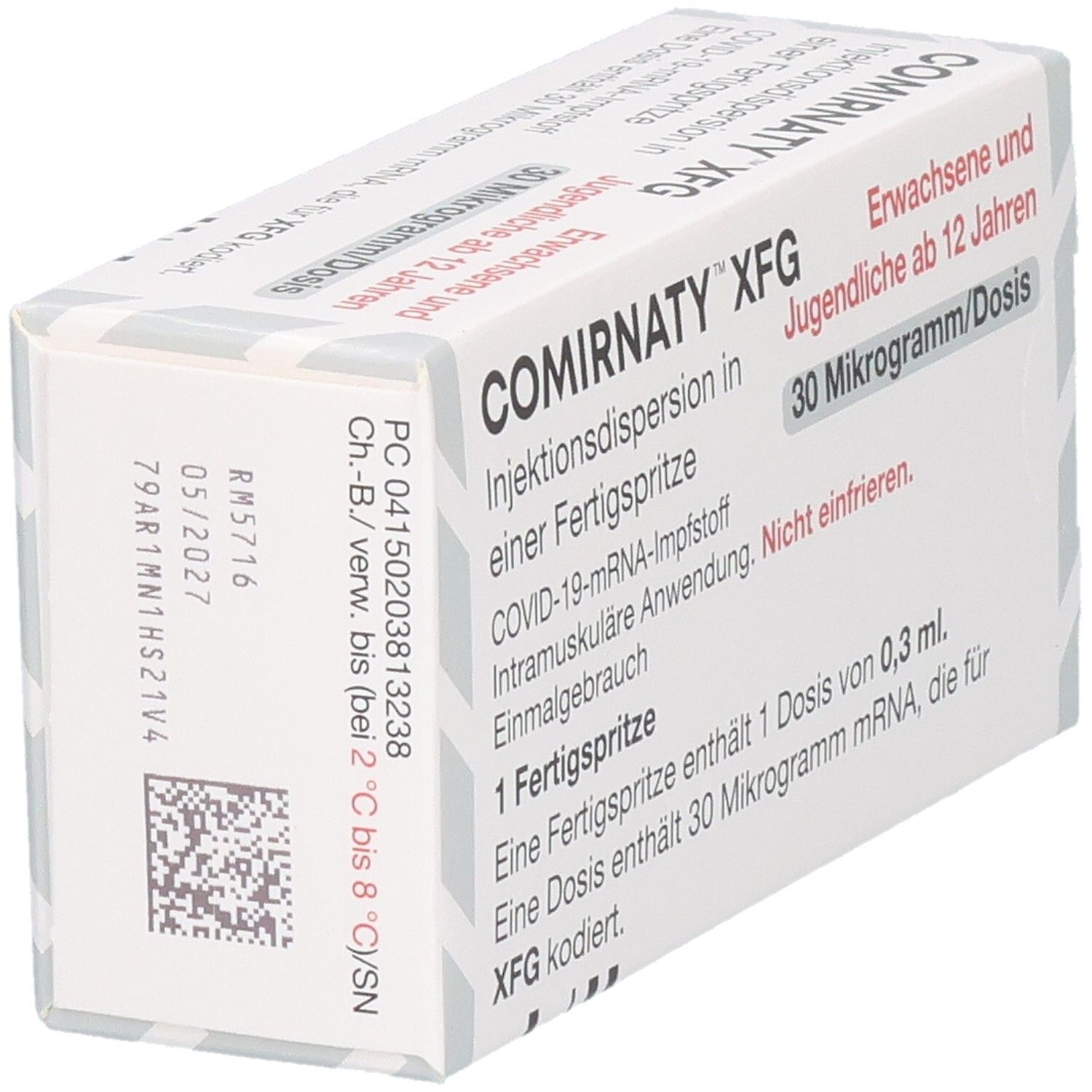 Rückseite einer COMIRNATY XFG Fertigspritze-Packung mit Chargennummer und Verfallsdatum.