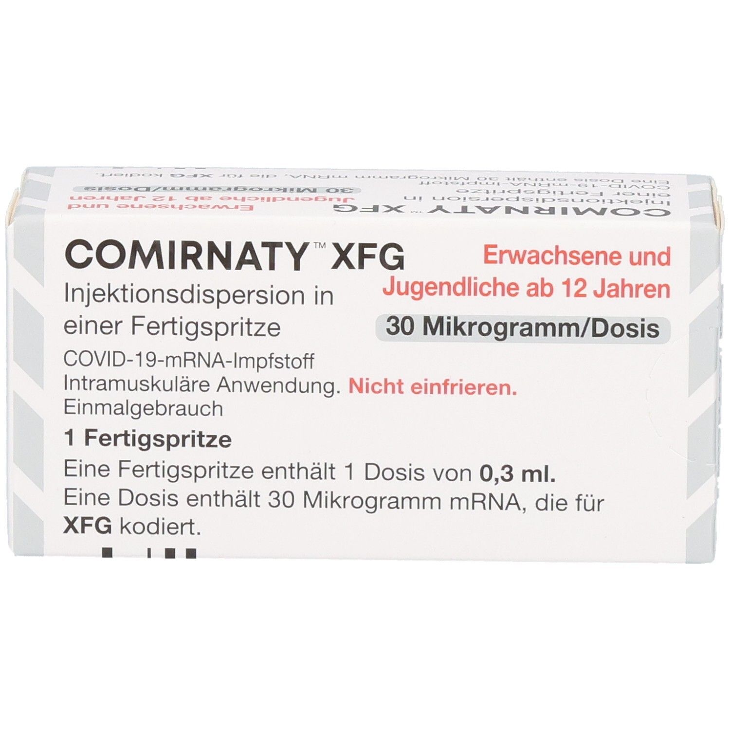 Vorderseite einer COMIRNATY XFG Fertigspritze-Packung: COVID-19 mRNA-Impfstoff, 30 Mikrogramm/Dosis, für Erwachsene und Jugendliche ab 12 Jahren.