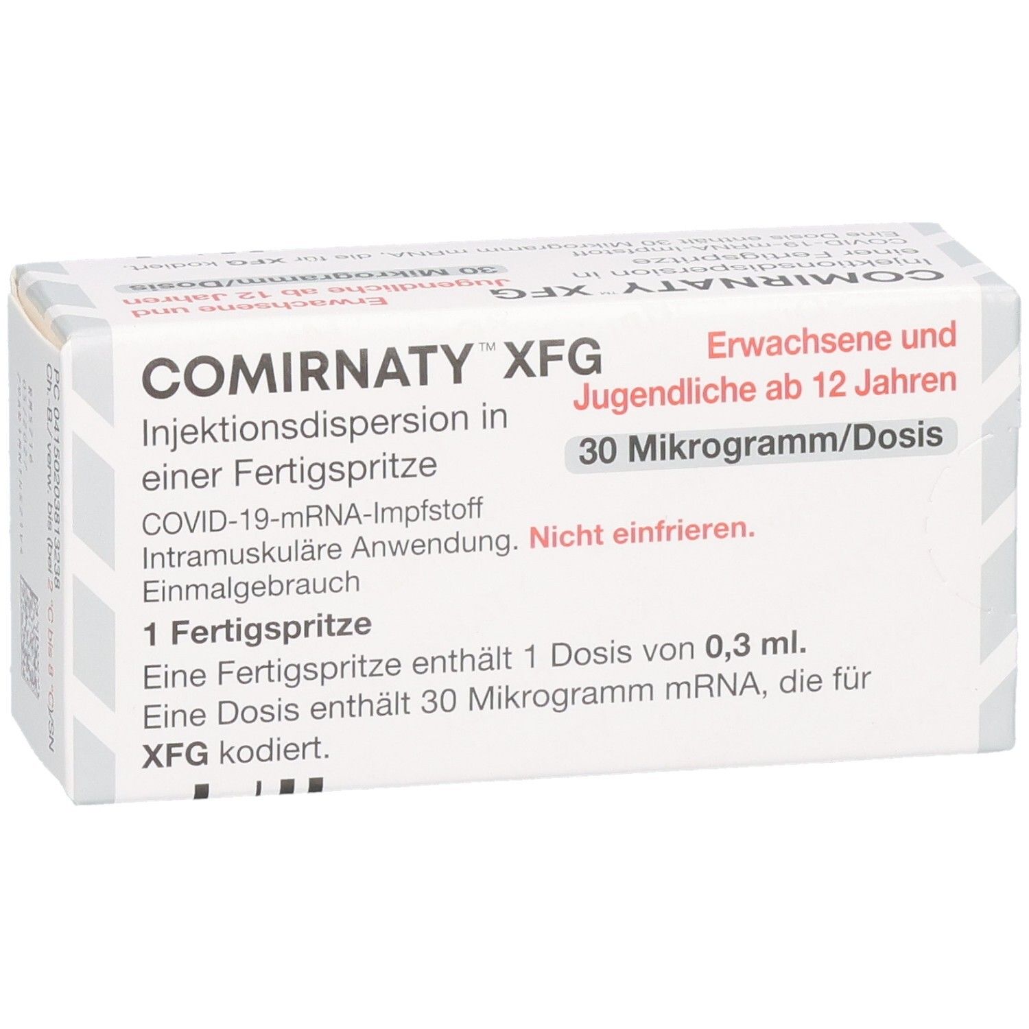 Vorderseite einer COMIRNATY XFG Fertigspritze-Packung: COVID-19 mRNA-Impfstoff, 30 Mikrogramm/Dosis, für Erwachsene und Jugendliche ab 12 Jahren.