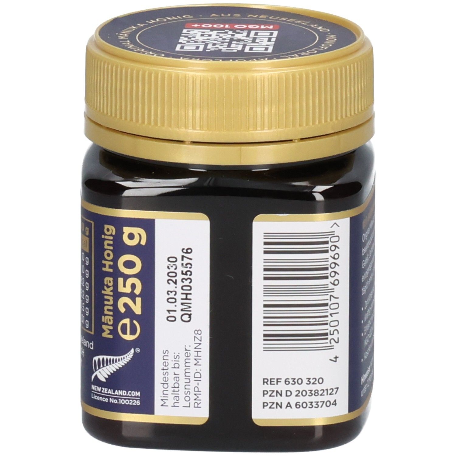 Seite des Honigglases mit Angabe 'e 250 g', Mindesthaltbarkeitsdatum und Barcode.