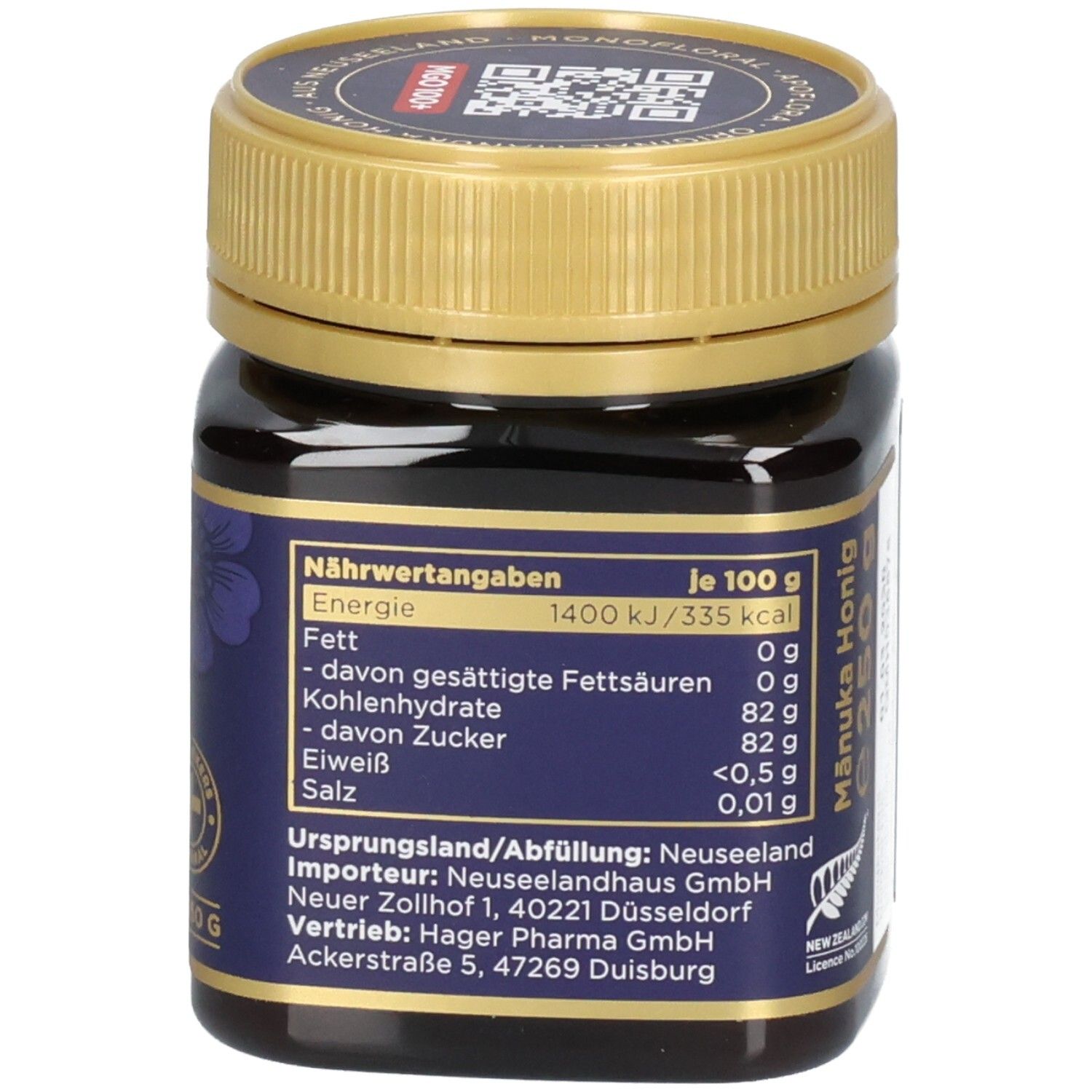 Rückseite des Honigglases mit detaillierten Nährwertangaben pro 100g und Ursprungsinformationen.