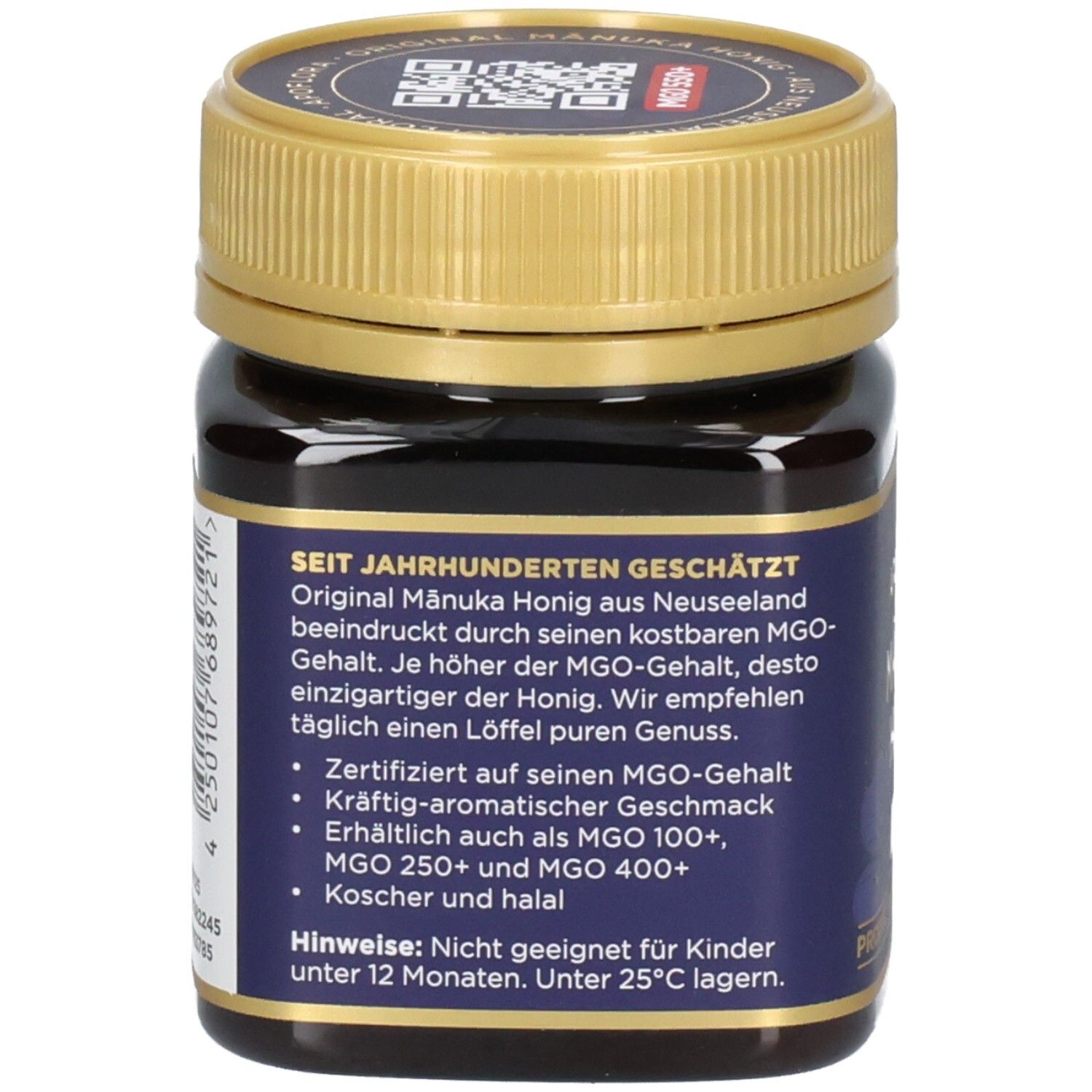 Rückseite eines Glases Manuka Honig MGO 550+. Text über Geschichte, MGO-Gehalt und Geschmack.