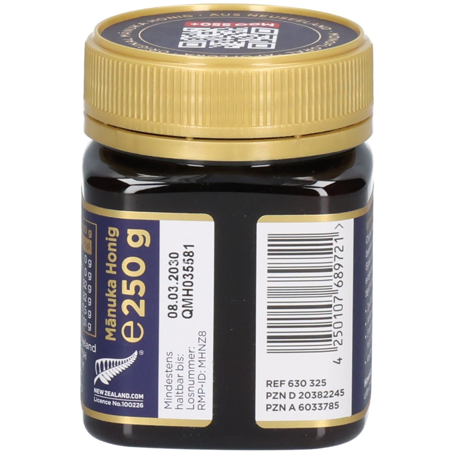 Seitenansicht eines Glases Manuka Honig MGO 550+. Angabe 250g, Mindesthaltbarkeit und Barcode.