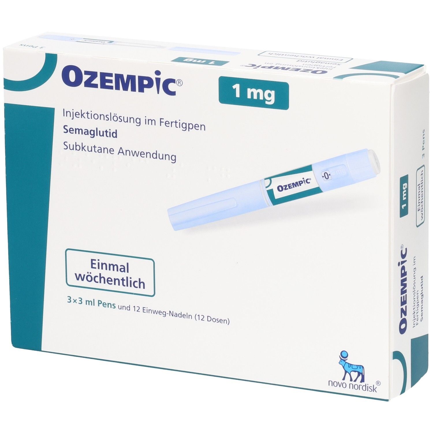 Ozempiс 1 mg Injektionslösung im Fertigpen. Weiße Schachtel mit Produkt- und Dosierungsangaben. Fertigpen-Abbildung.