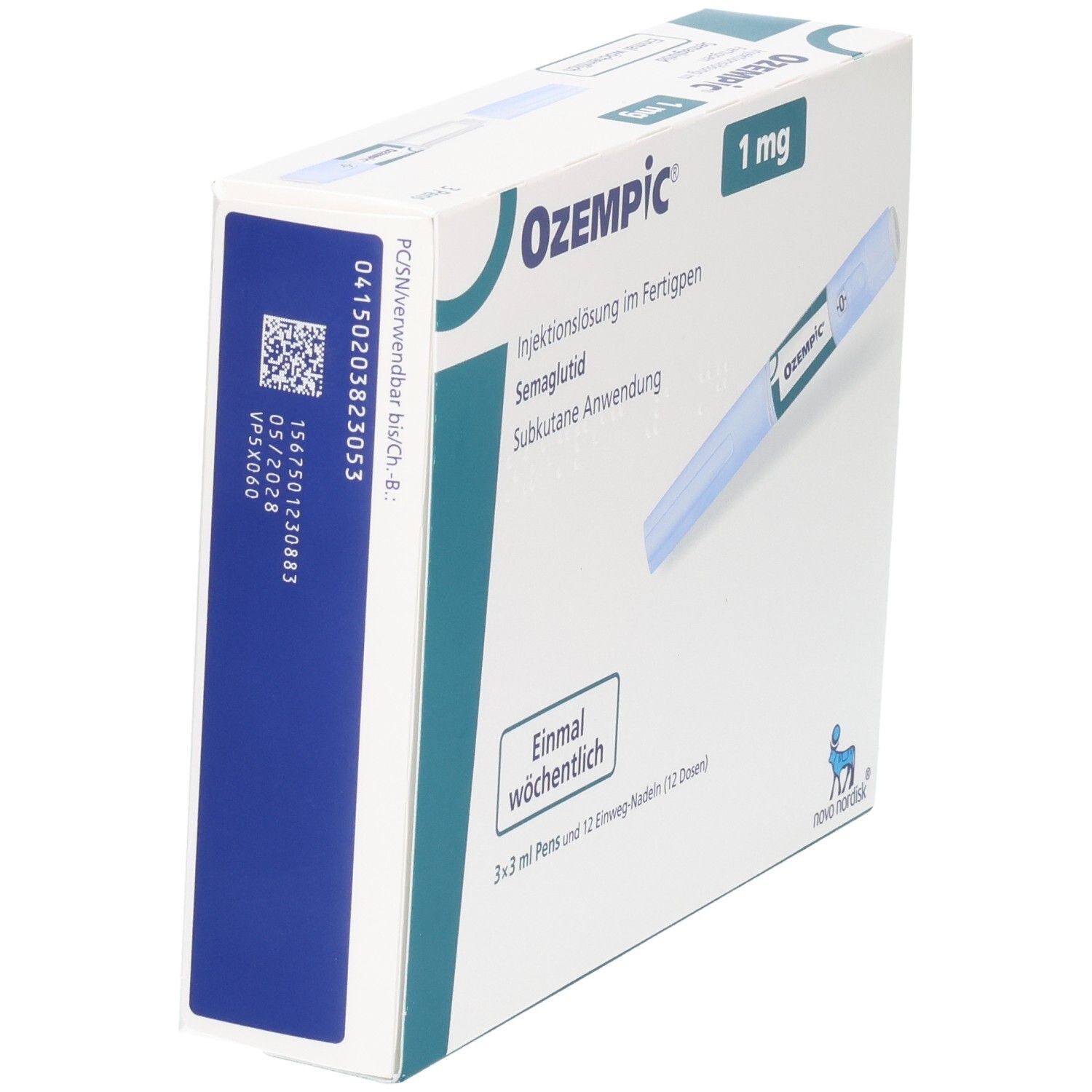 Ozempiс 1 mg Schachtel, schräg. Blaue Markierung, Produktname, Dosierung, und Text. Novo Nordisk Logo.