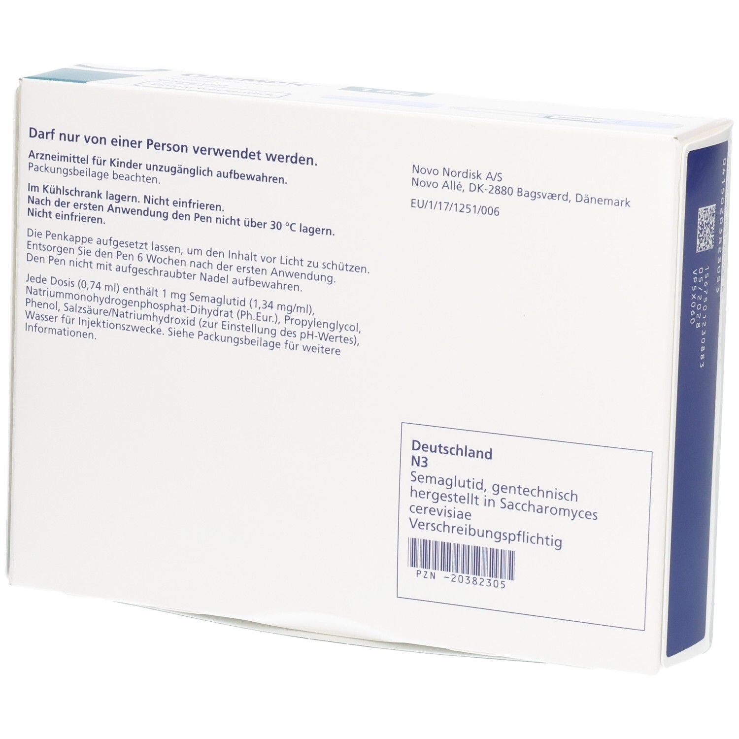 Rückseite der Ozempiс 1 mg Schachtel. Textinformationen, Herstelleradresse, und Chargennummer.
