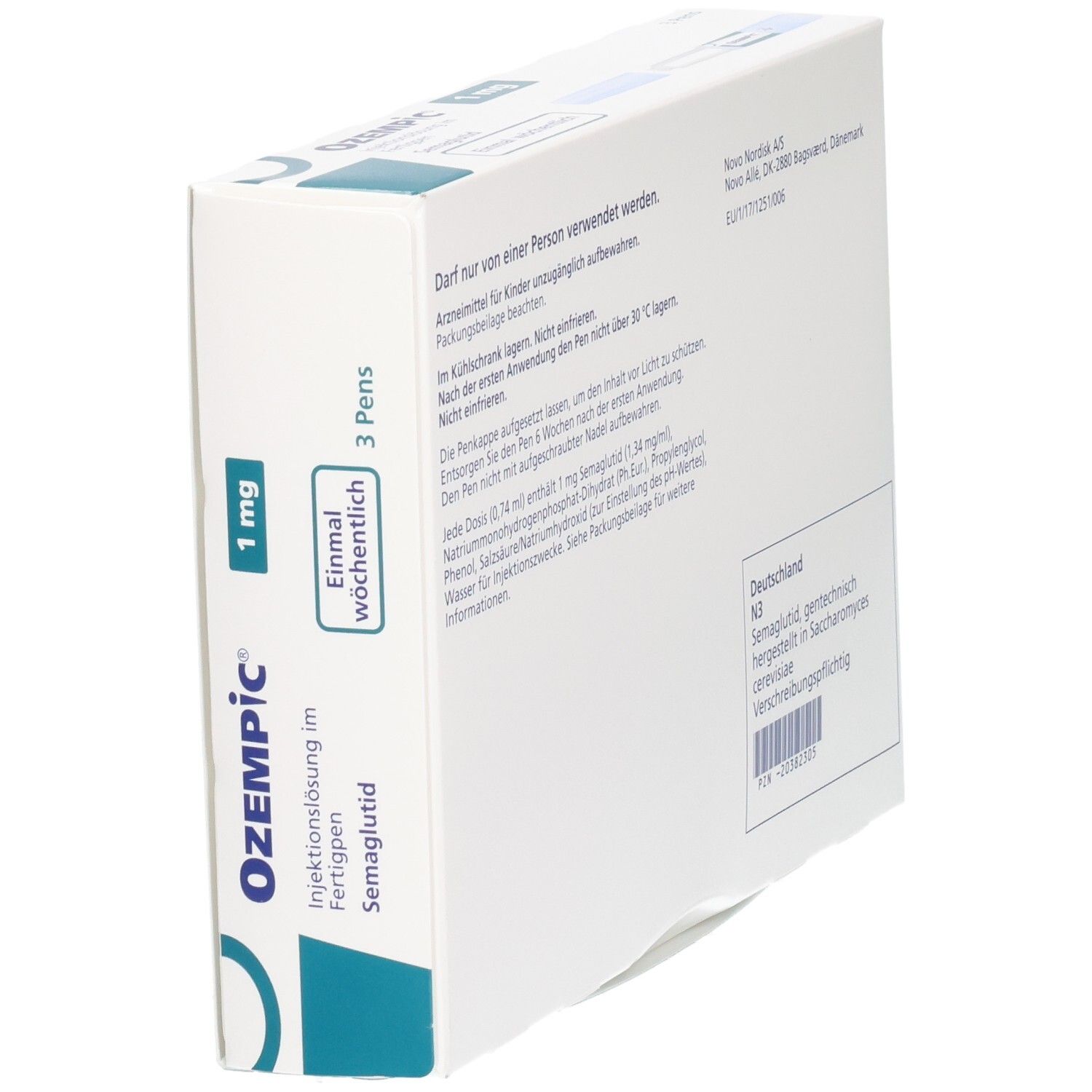 Ozempiс 1 mg Schachtel, schräg. Text, Dosierung, und Herstellerinformationen. 3 Pens.
