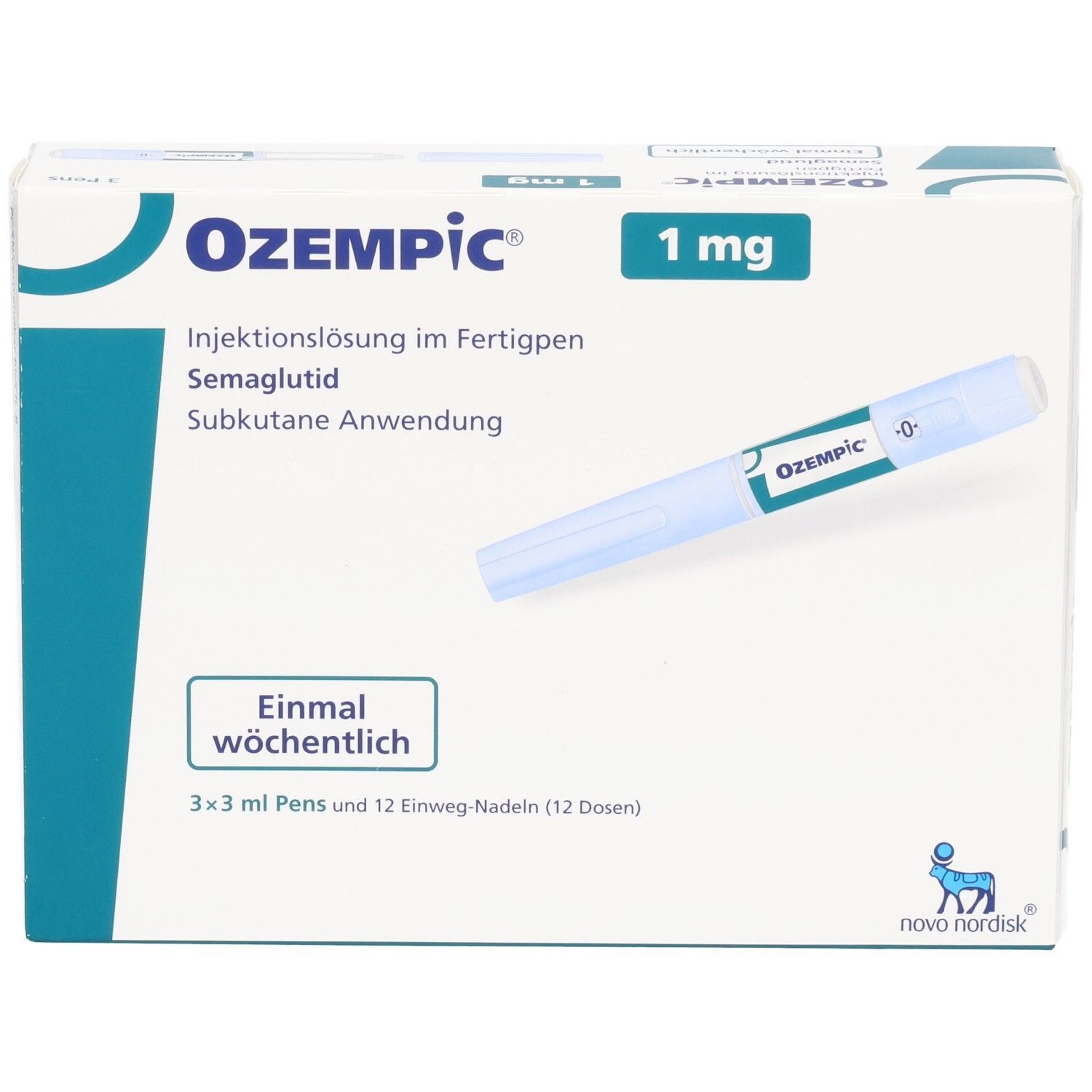 Ozempiс 1 mg Injektionslösung im Fertigpen. Weiße Schachtel mit Produkt- und Dosierungsangaben. Fertigpen-Abbildung.