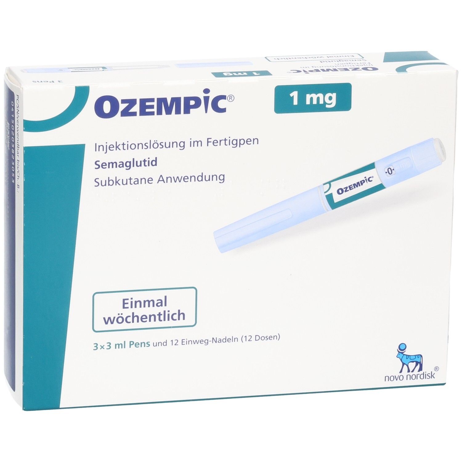 Ozempiс 1 mg Injektionslösung im Fertigpen. Weiße Schachtel mit Produkt- und Dosierungsangaben. Fertigpen-Abbildung.