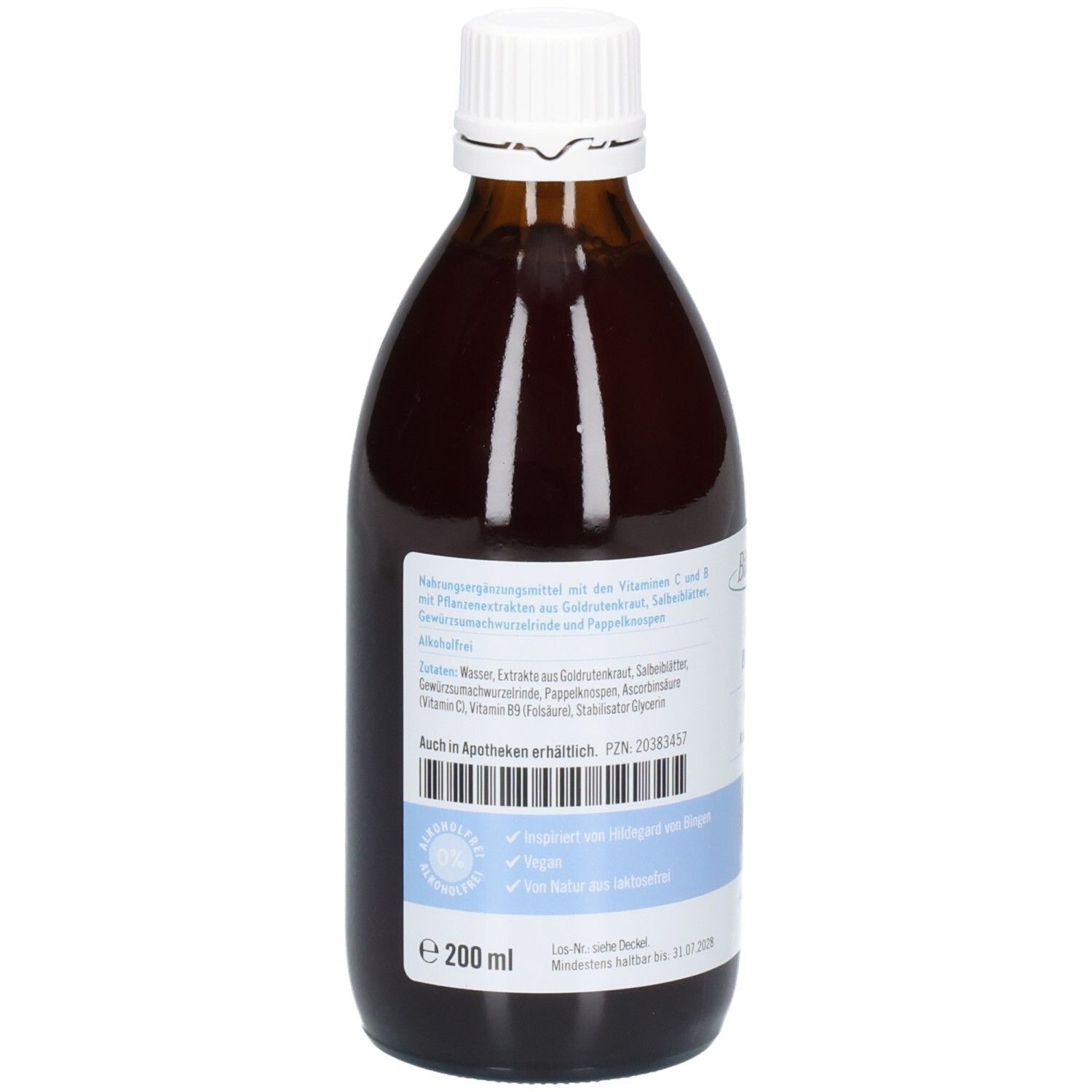 Rückseite der braunen Glasflasche. Beschriftung mit Inhaltsstoffen, PZN-Code, Herstellerangaben, und Siegel. Volumen: 200 ml.