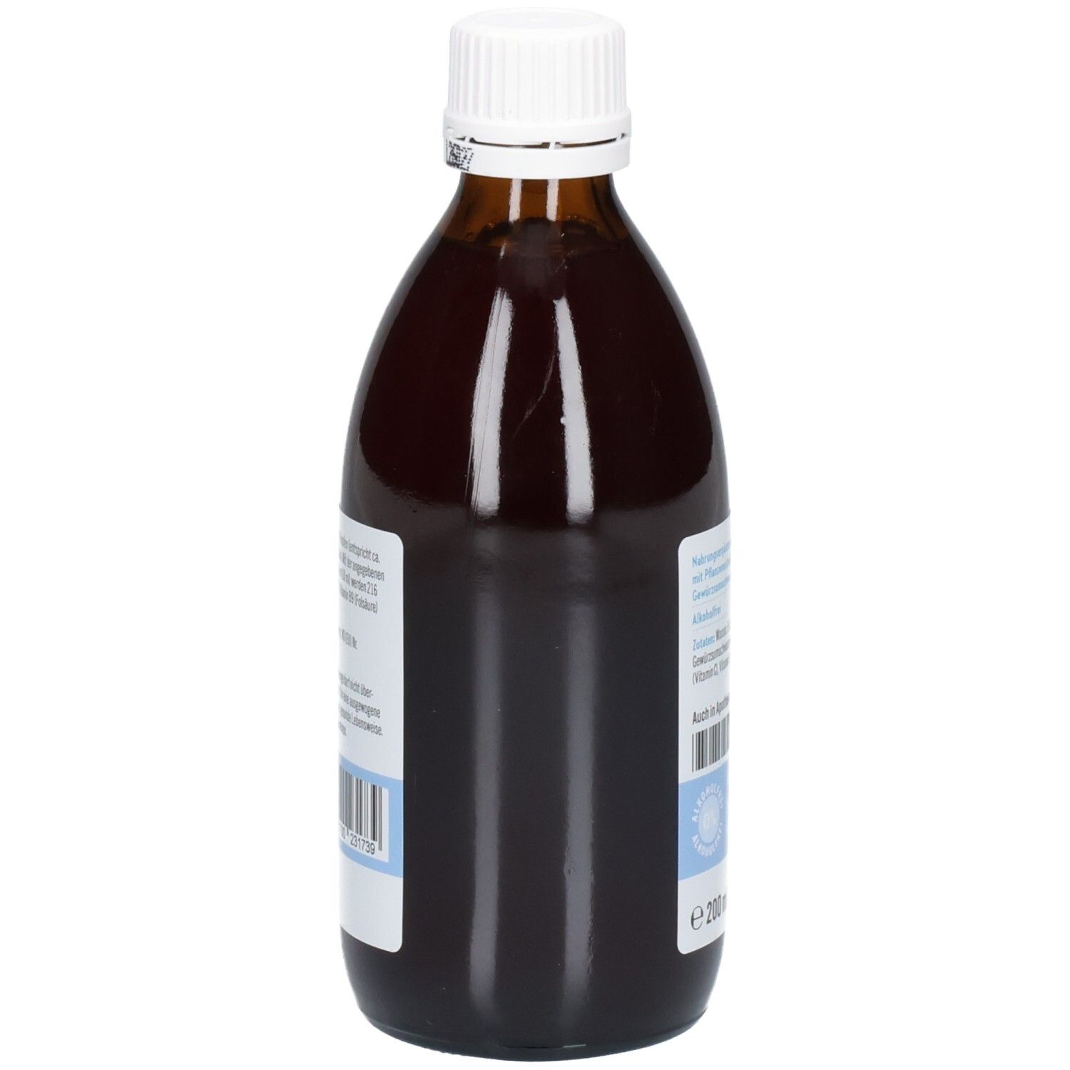 Braune Glasflasche mit weißem Deckel, Seitenansicht. Beschriftung und Etikett mit Produktinformationen.