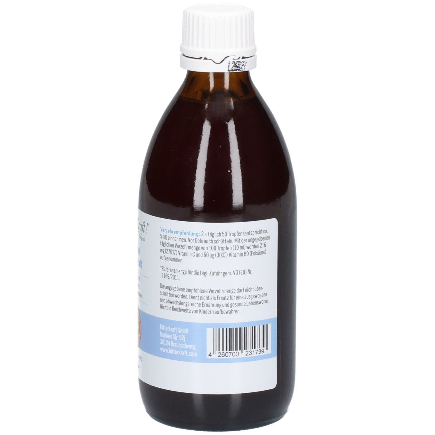 Rückseite der braunen Glasflasche. Beschriftung mit Dosierung, Inhaltsstoffen, Herstellerangaben, und Barcode.