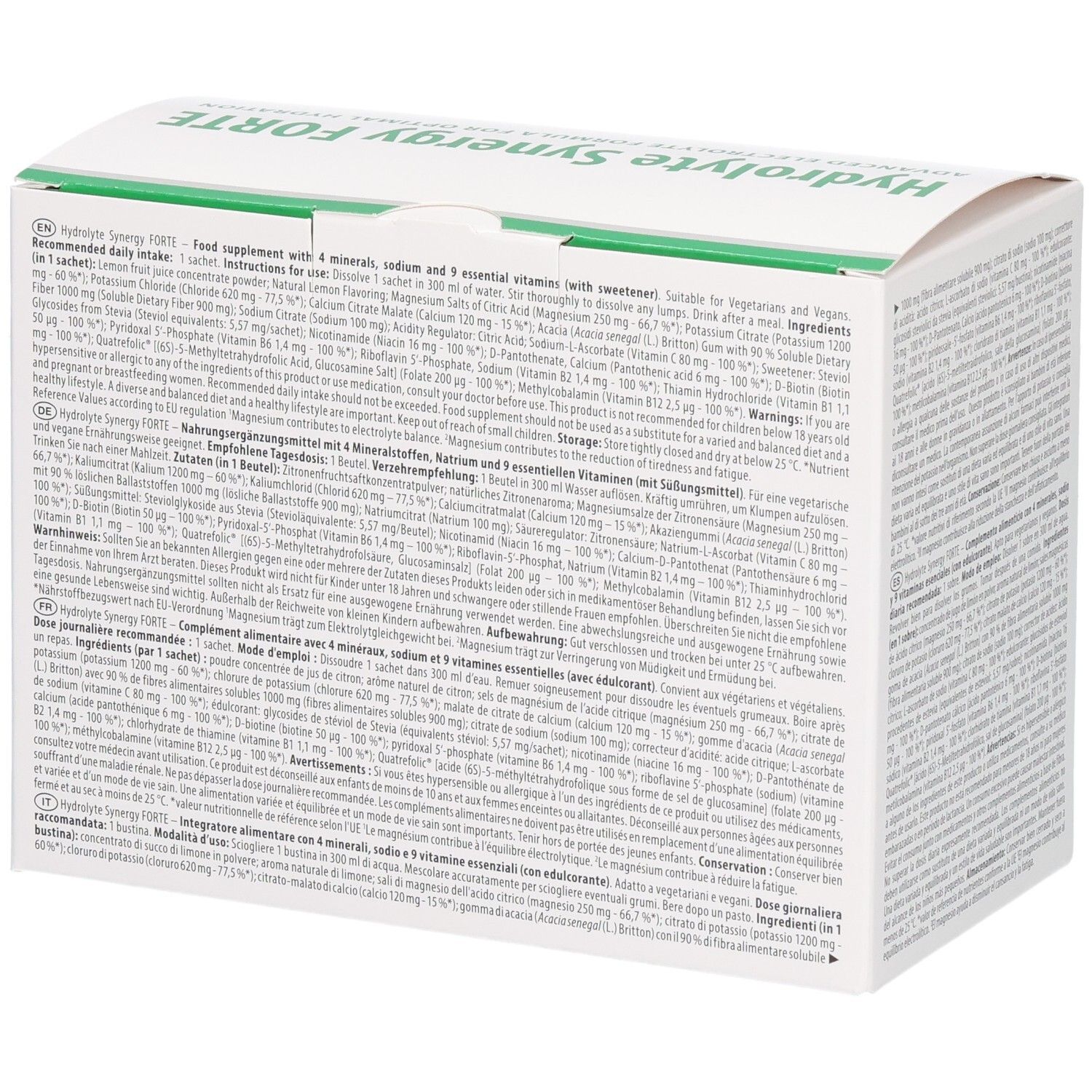Rückseite der Packung Hydrolyte Synergy Forte mit Nährwertangaben und Inhaltsstoffen.