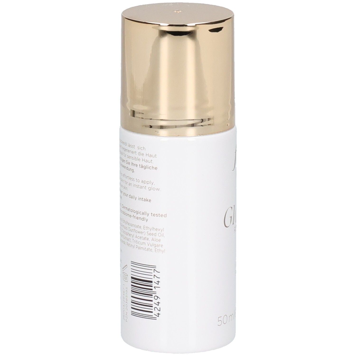 Rückseite eines weißen Roll-On Flakons mit goldenem Verschluss. Enthält Produktinformationen und Barcode.