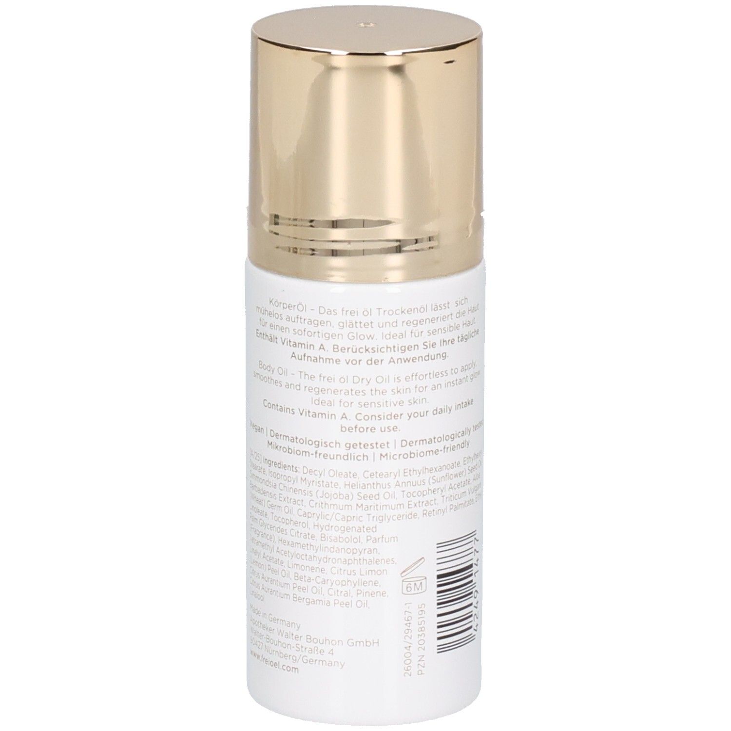 Rückseite eines weißen Roll-On Flakons mit goldenem Verschluss. Enthält Inhaltsstoffe und Anwendungshinweise.