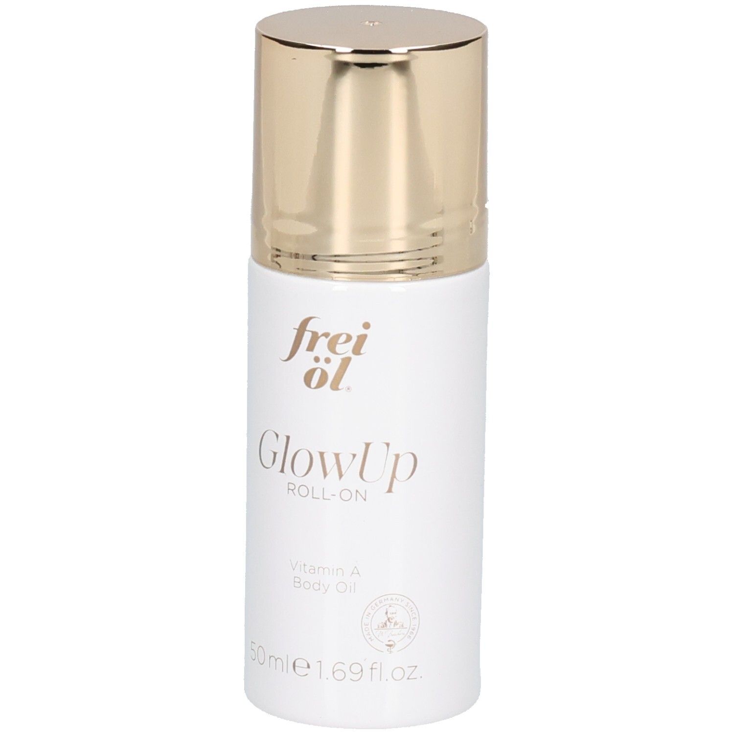Weißer Roll-On Flakon mit goldenem Verschluss. Frei Öl GlowUp Roll-On Vitamin A Körperöl.