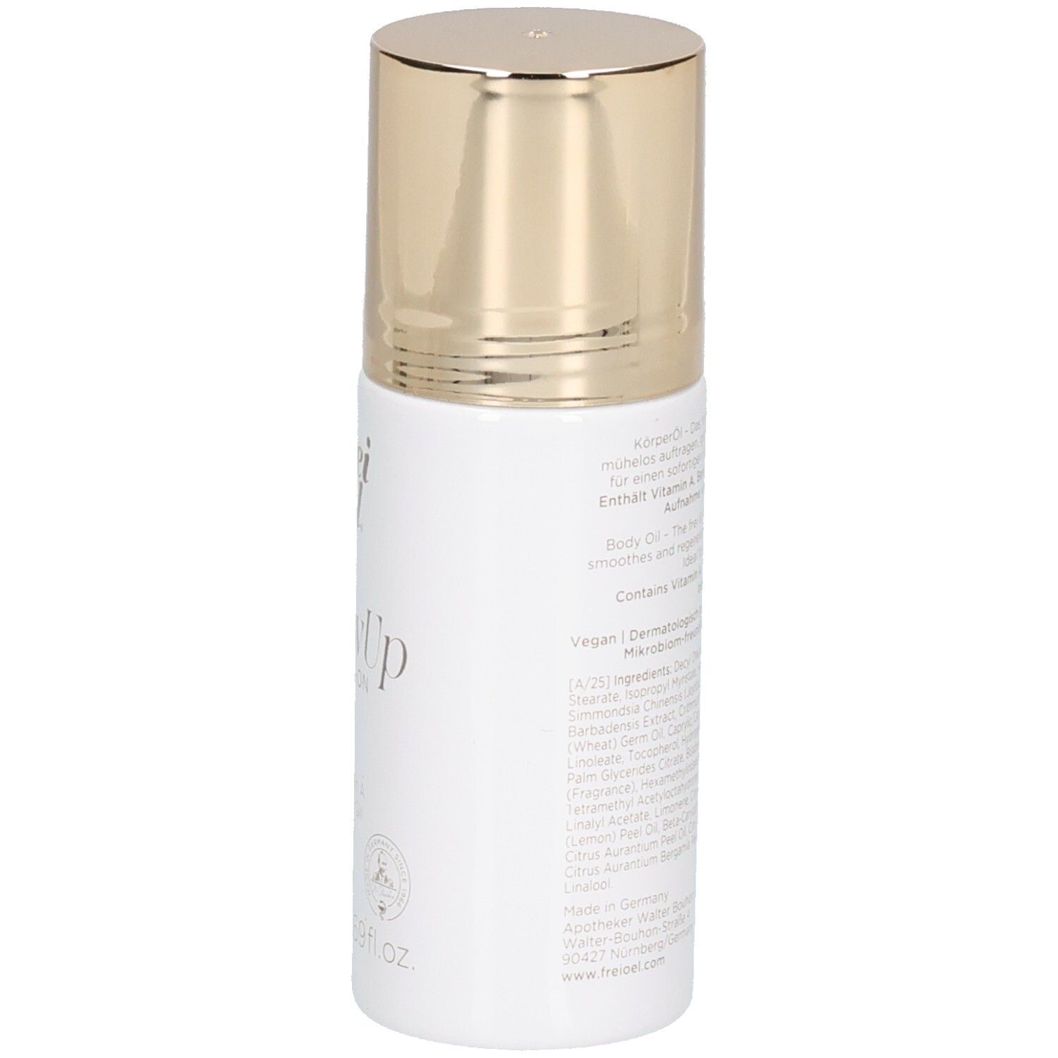 Seitenansicht eines weißen Roll-On Flakons mit goldenem Verschluss. Enthält Produktinformationen und Inhaltsstoffe.