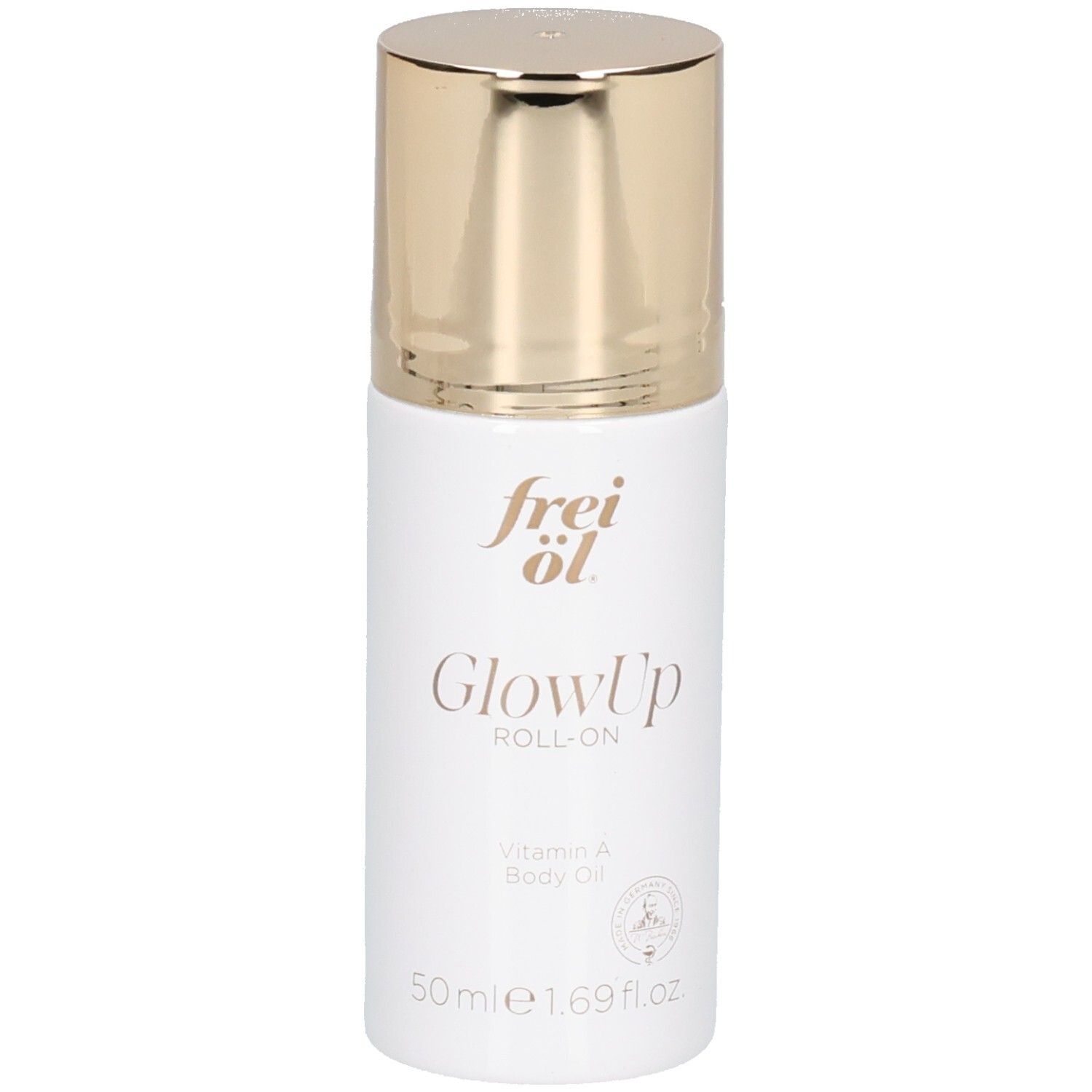 Weißer Roll-On Flakon mit goldenem Verschluss. Frei Öl GlowUp Roll-On Vitamin A Körperöl.