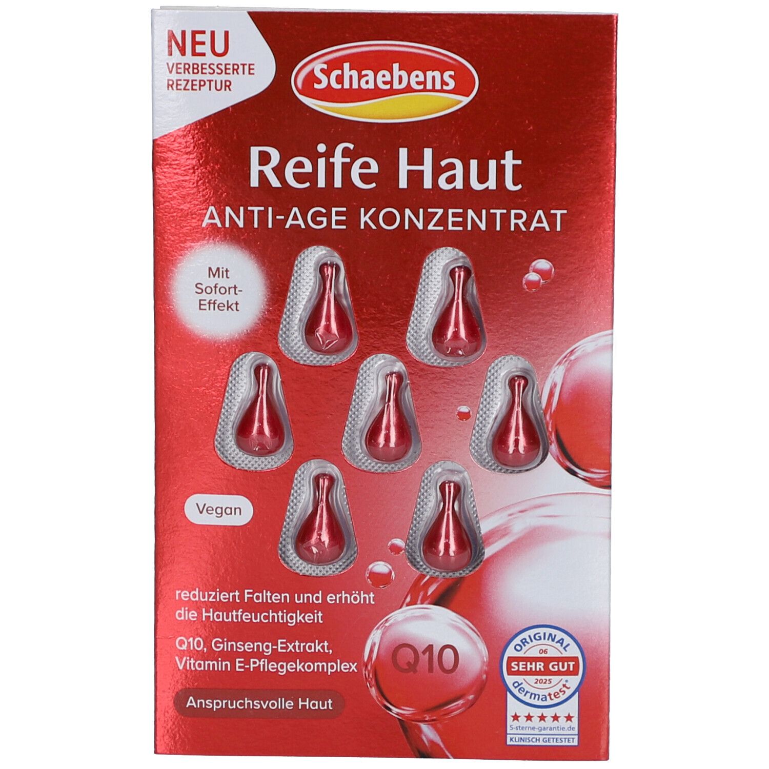 Verpackung mit roten Kapseln. Aufschrift: Reife Haut Anti-Age Konzentrat. Vegan. Mit Sofort-Effekt. Q10.