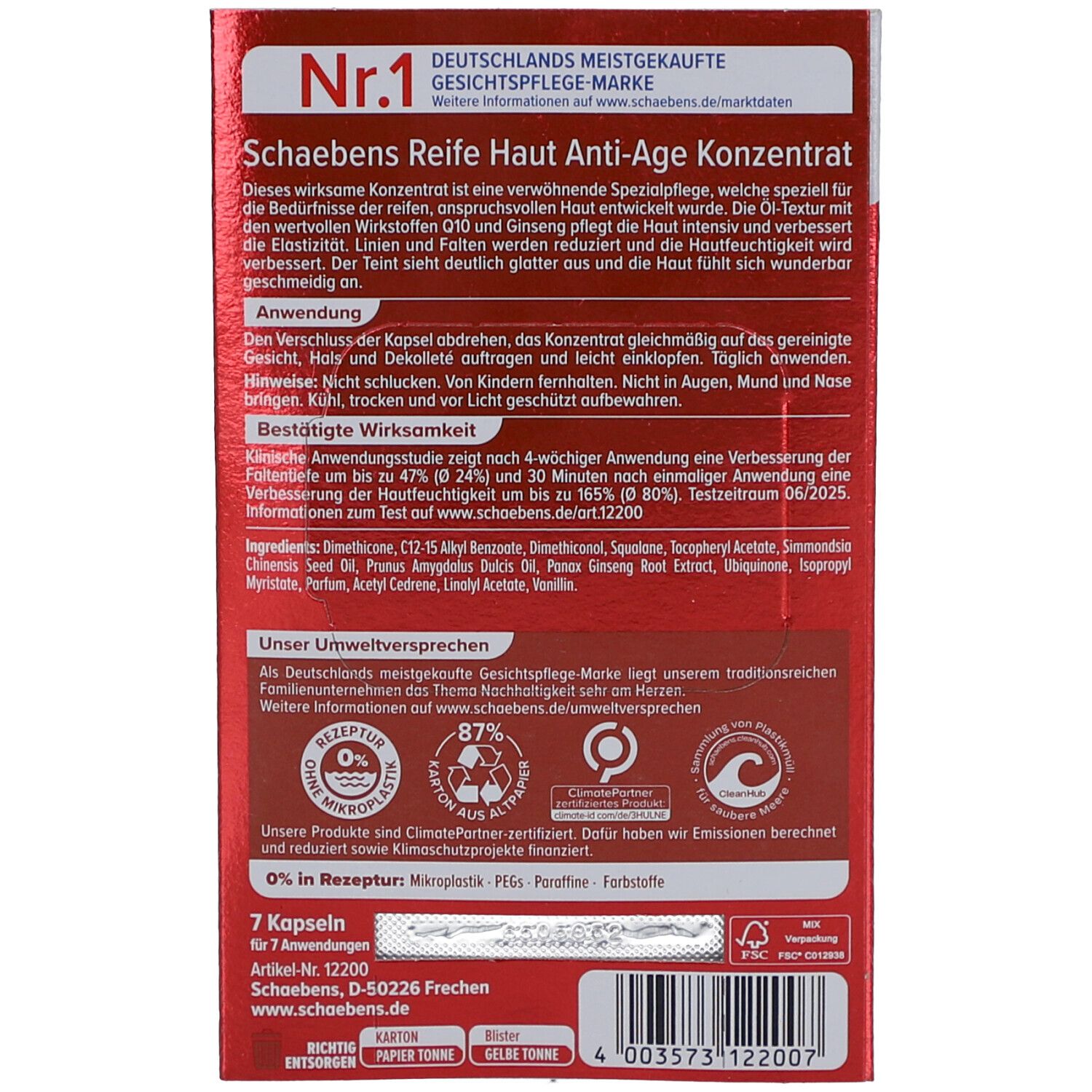 Rückseite der Verpackung. Text: Reife Haut Anti-Age Konzentrat. Inhaltsstoffe, Anwendung, Bestätigte Wirksamkeit. 7 Kapseln.