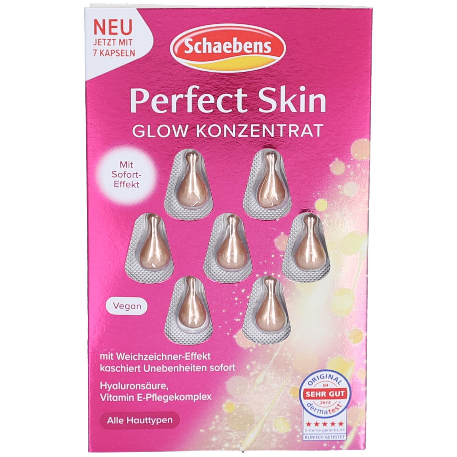 Rosa Verpackung mit Produktkapseln. Oben links: "NEU". Oben: "Schaebens". Titel: "Perfect Skin Glow Konzentrat". 7 Kapseln.
