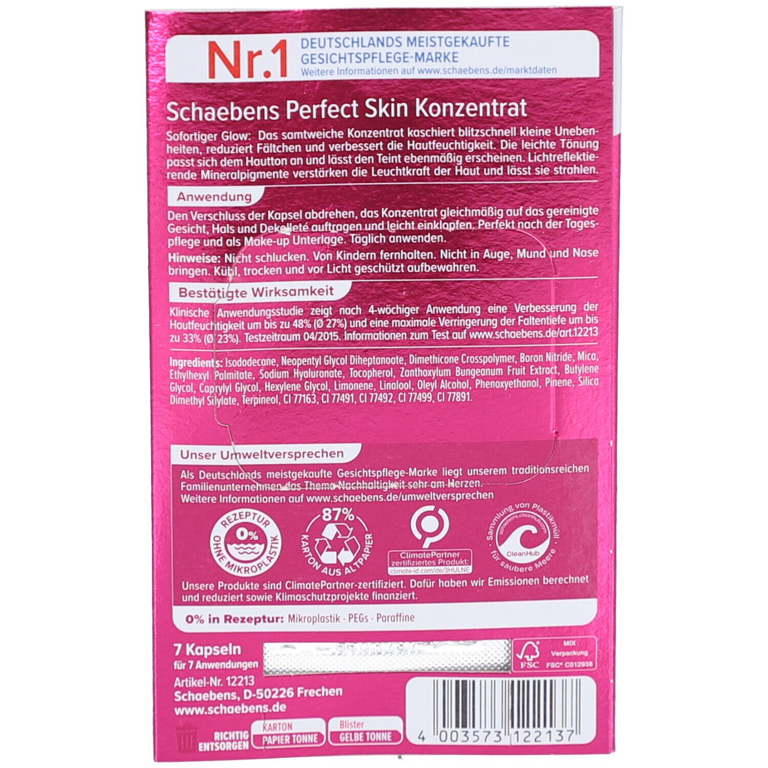 Rückseite der Verpackung. Text in deutscher Sprache. Enthält Informationen zum Produkt und Inhaltsstoffe. Mit Zertifizierungen.