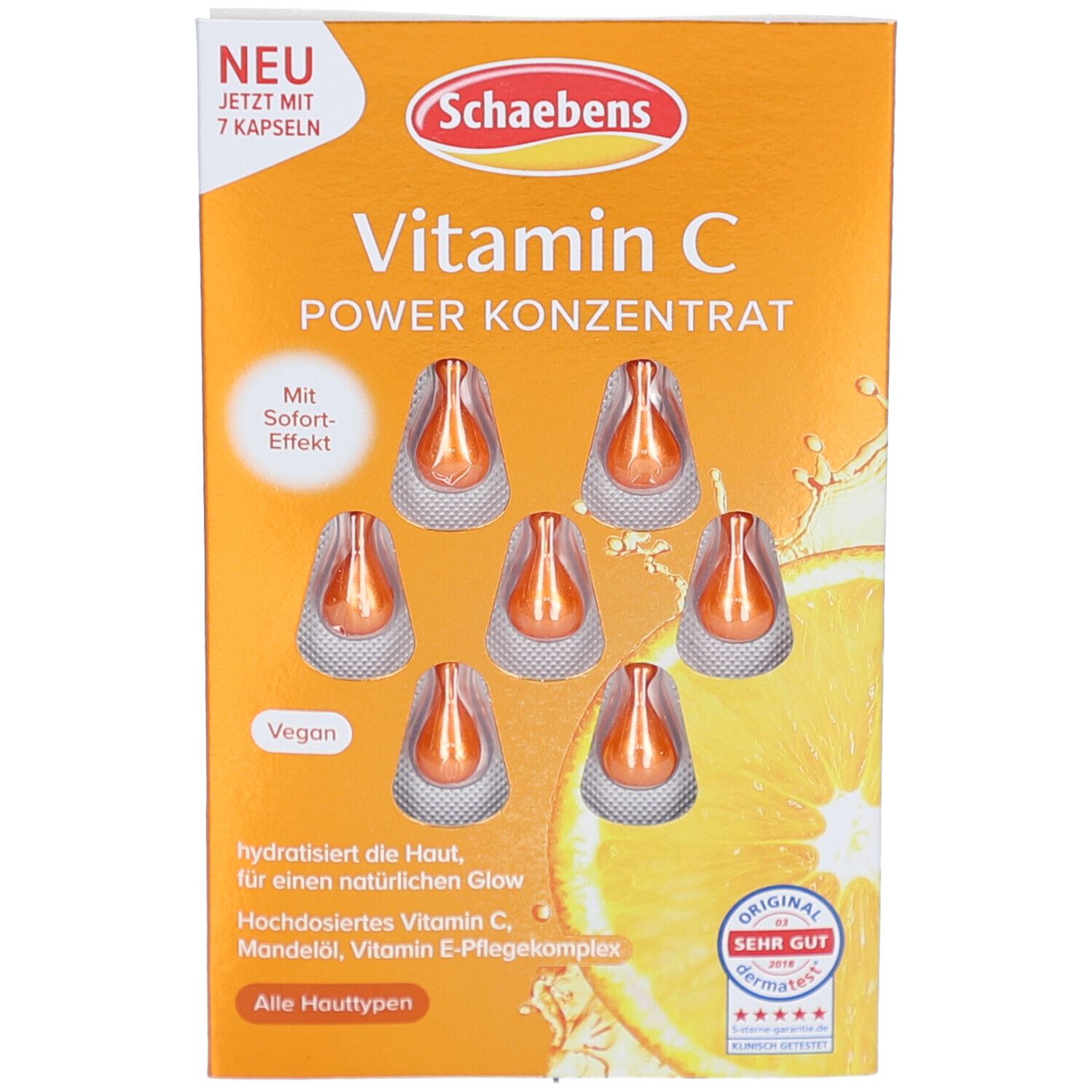 Verpackung mit Schaebens Vitamin C Power Konzentrat Kapseln. Orangefarbenes Design mit Produktnamen und Abbildung von Kapseln und Orange.