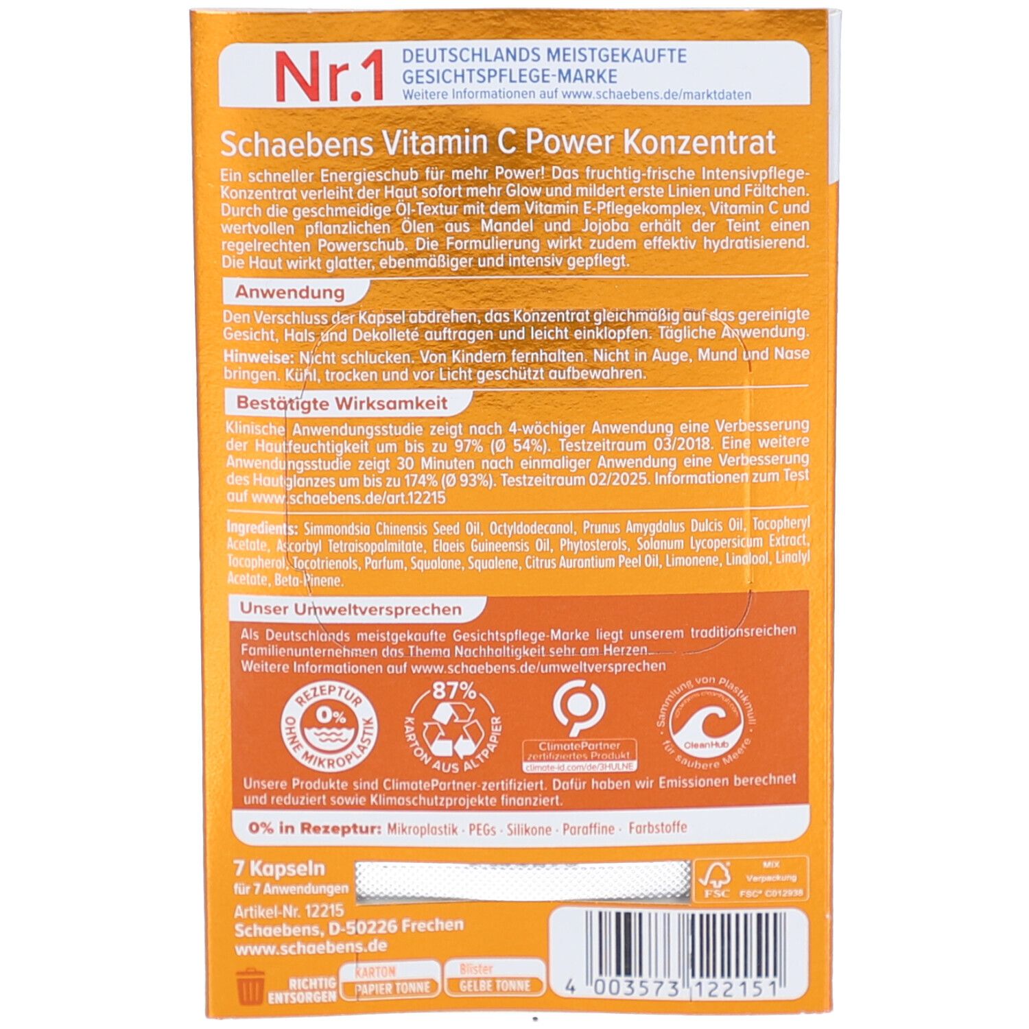 Rückseite der Schaebens Vitamin C Power Konzentrat Verpackung. Textinformationen, Inhaltsstoffe, Anweisungen und Zertifizierungen.