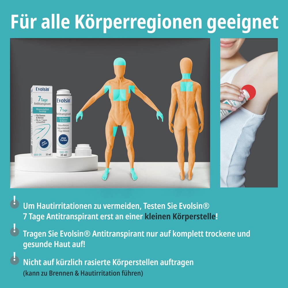 Produkt und Verpackung. Vergleich mit Deodorant. Hautmodell. Frau beim Training. Text: Mehr als ein Deo!