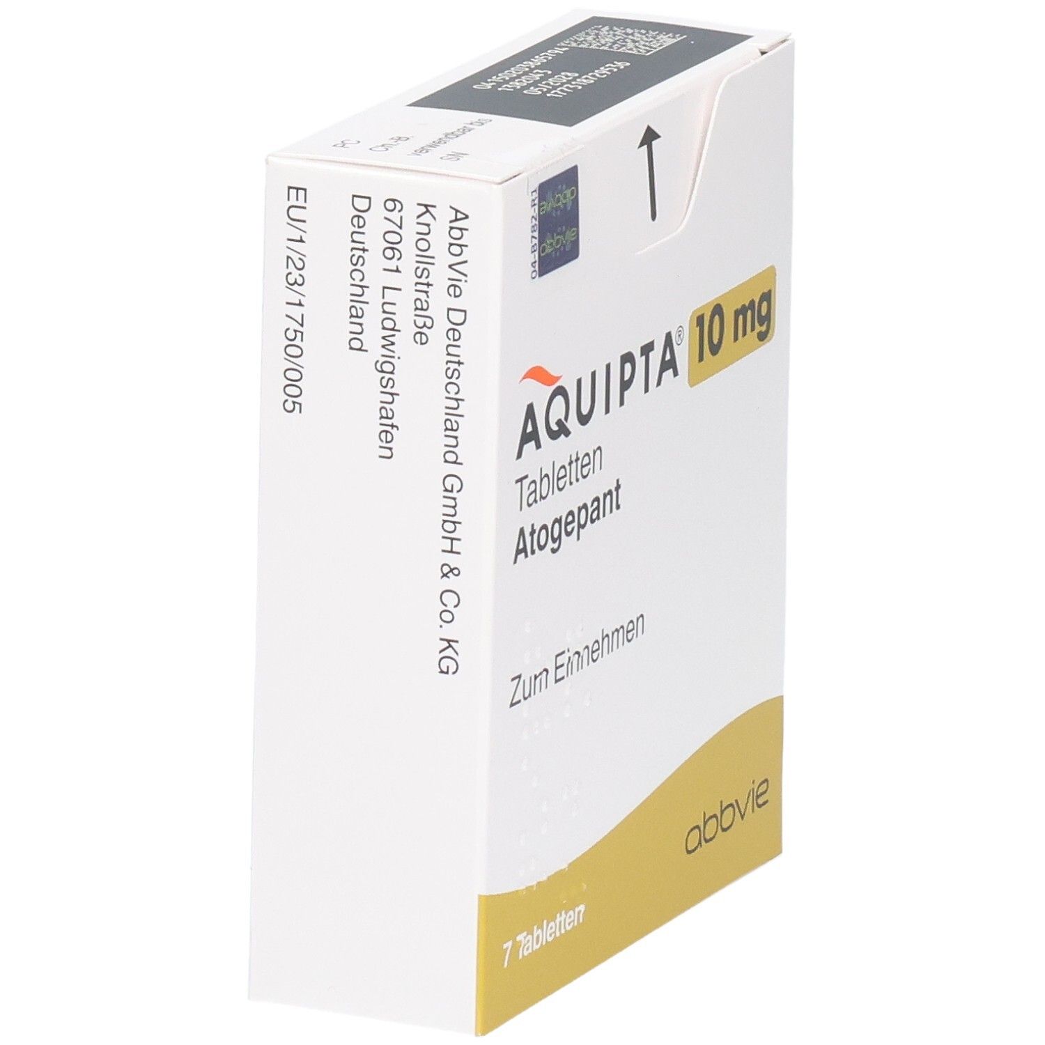 AQUIPTA 10 mg Tabletten Atogepant Schachtel, Rückseite mit Herstellerangaben.