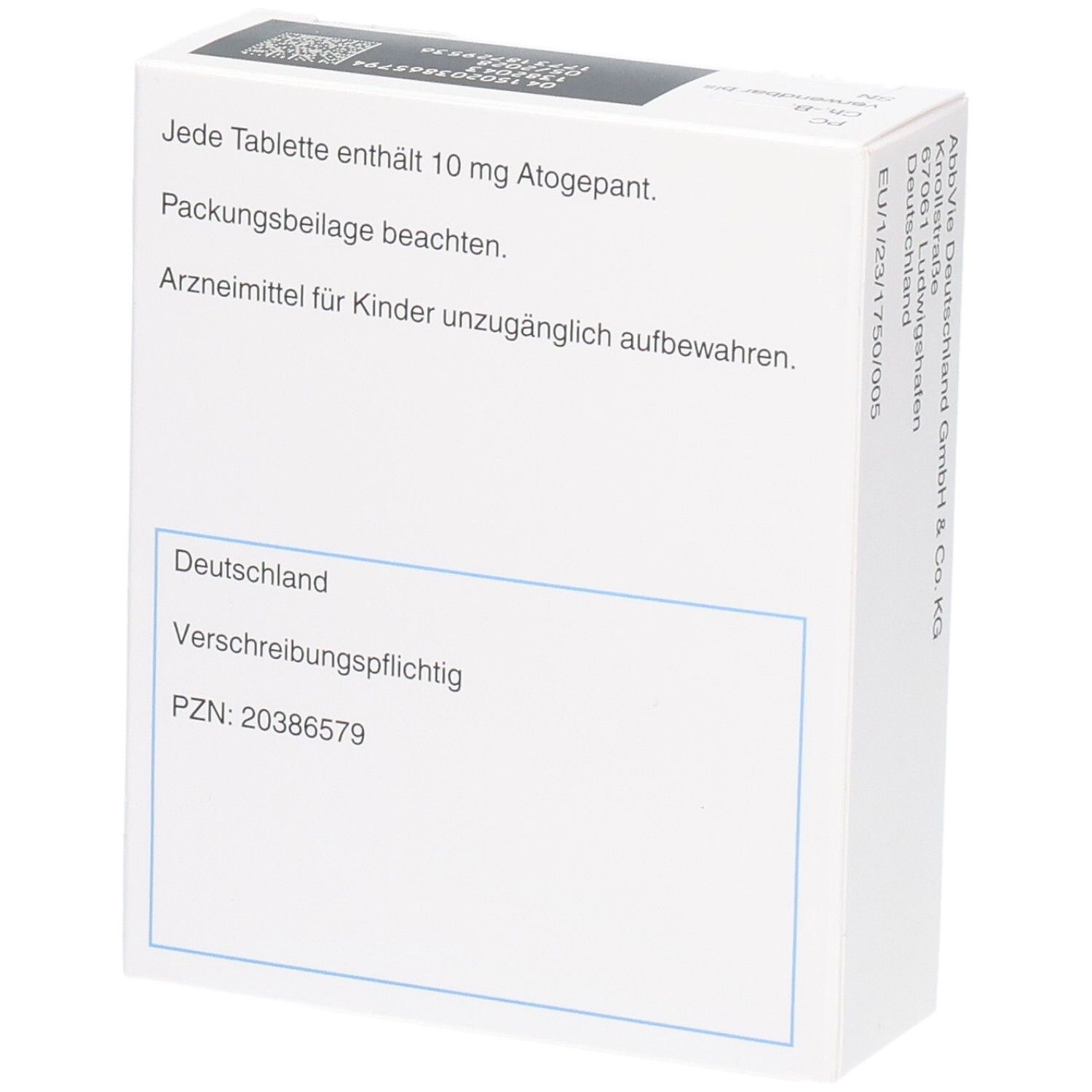 AQUIPTA 10 mg Tabletten Atogepant Schachtel, Rückseite mit PZN 20386579.