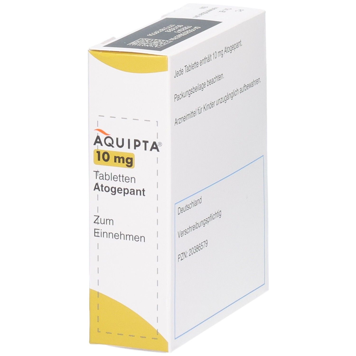 AQUIPTA 10 mg Tabletten Atogepant Schachtel, Seite mit PZN 20386579.