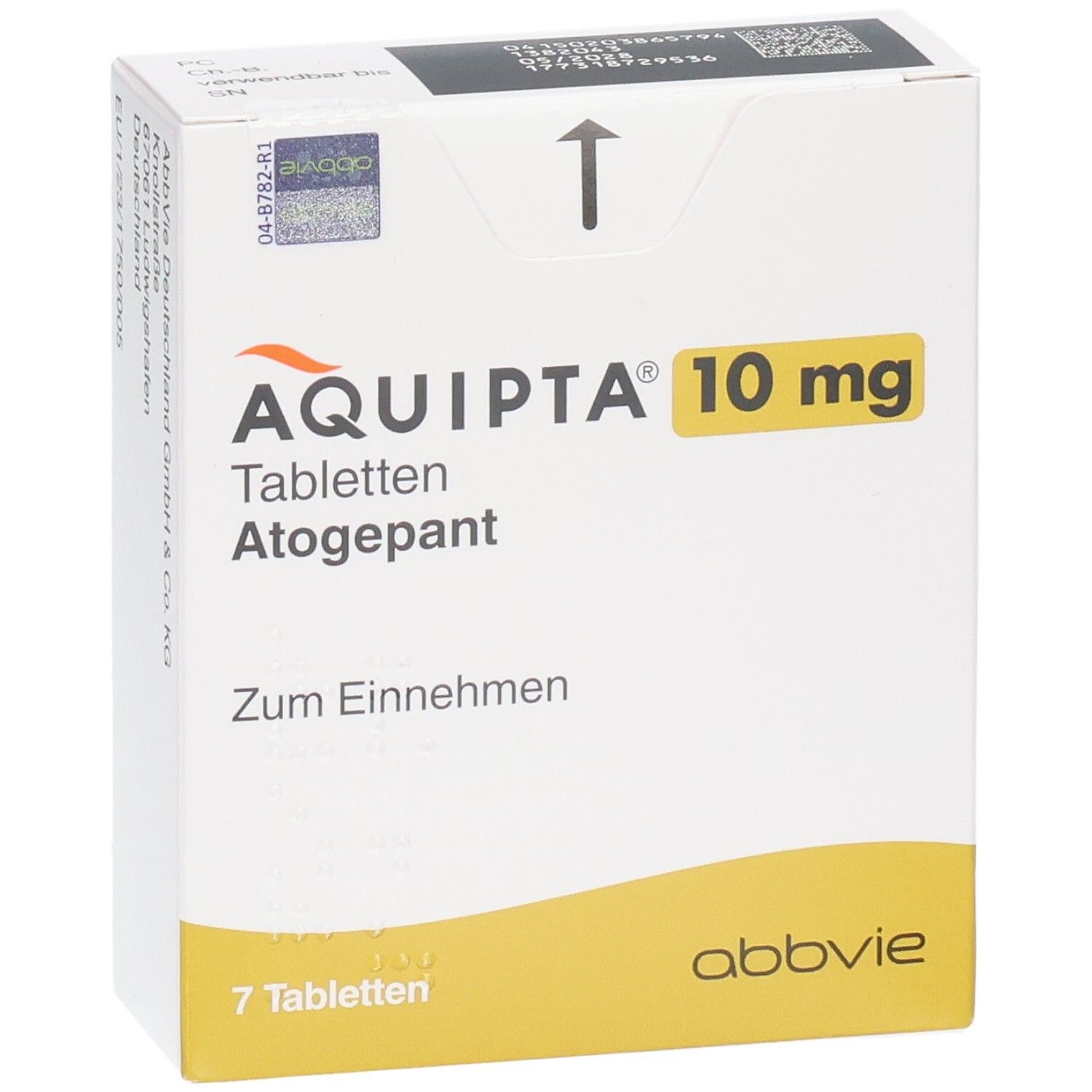 AQUIPTA 10 mg Tabletten Atogepant Schachtel, 7 Tabletten.