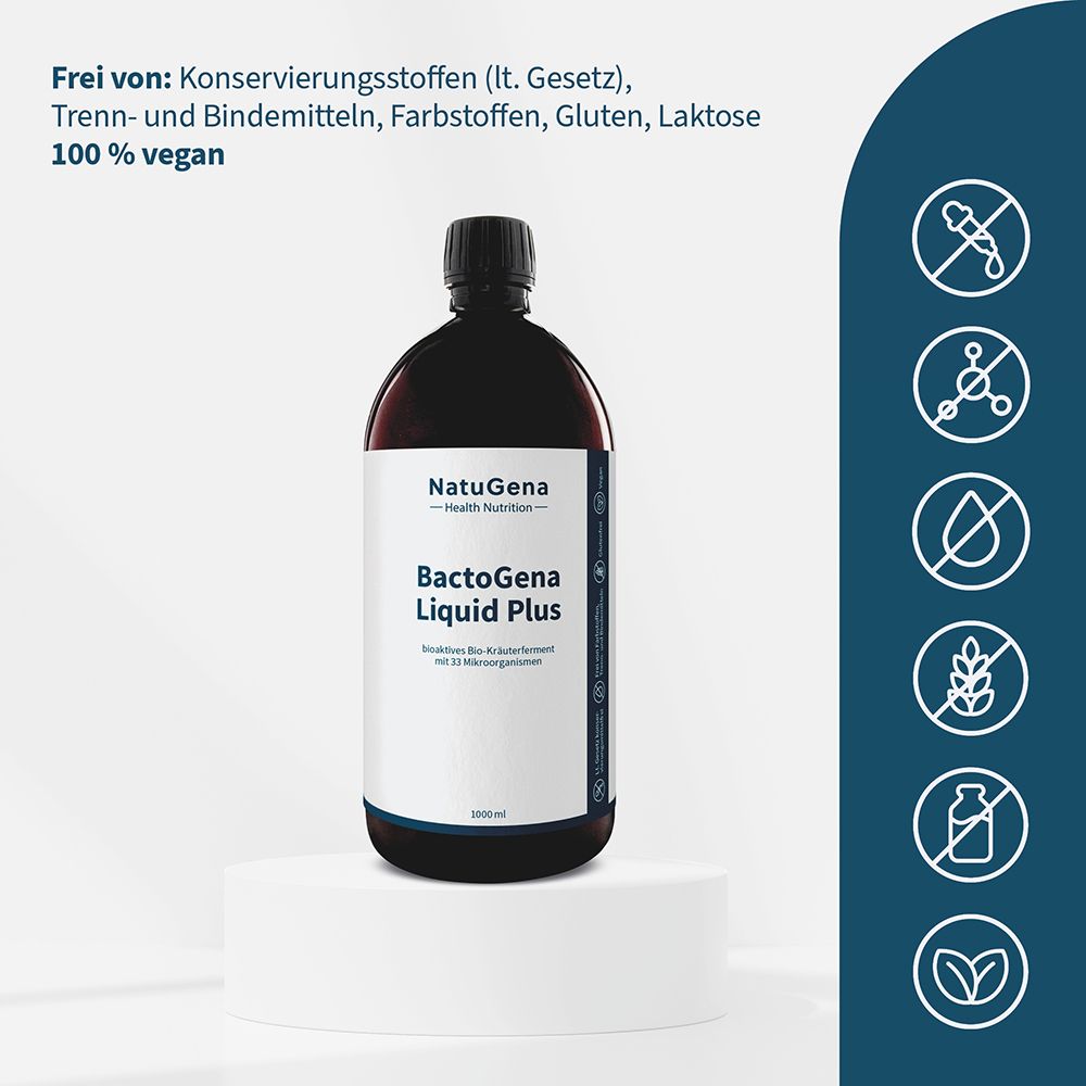 NatuGena BactoGena Liquid Plus Flasche auf weißem Podest, frei von Konservierungsstoffen, Farbstoffen, Gluten, Laktose.
