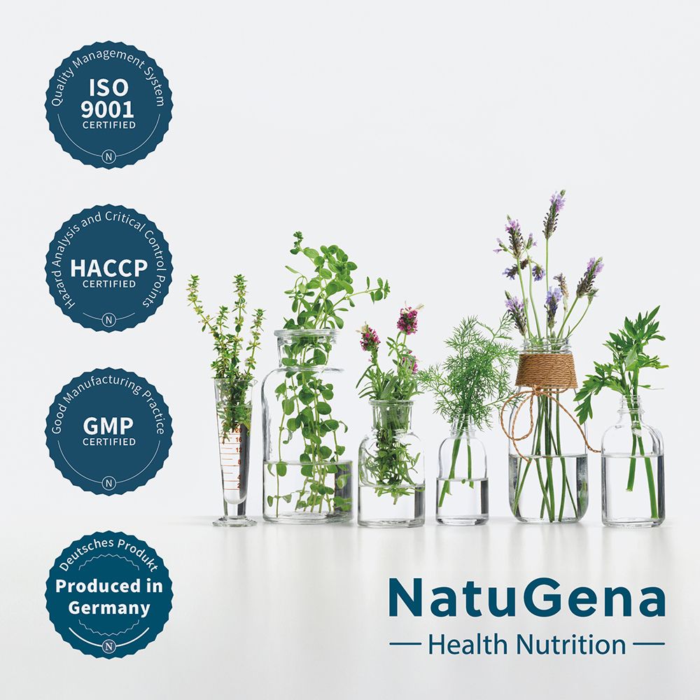 NatuGena Logo mit Zertifikaten: ISO 9001, HACCP, GMP, Produced in Germany. Kräuter in Gläsern.
