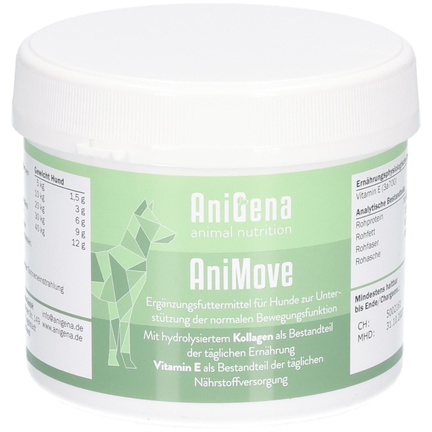 Seitenansicht einer weißen Dose mit AniMove Ergänzungsfuttermittel für Hunde, mit Nährwertangaben.