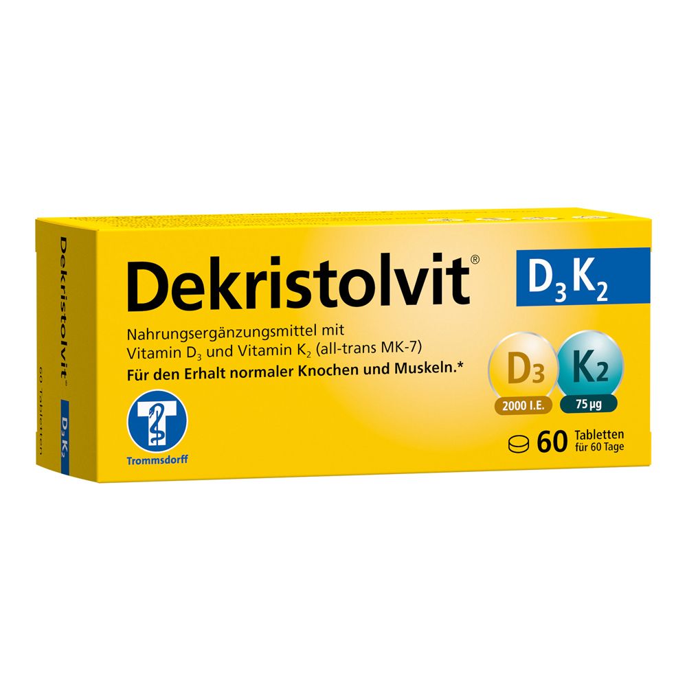 Dekristolvit D3K2 Tablettenverpackung, 60 Stück. Enthält Vitamin D3 und K2.