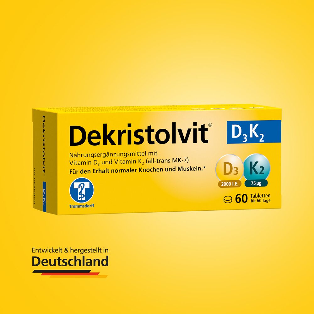 Dekristolvit D3K2 Tablettenverpackung, 60 Stück. Hergestellt in Deutschland.