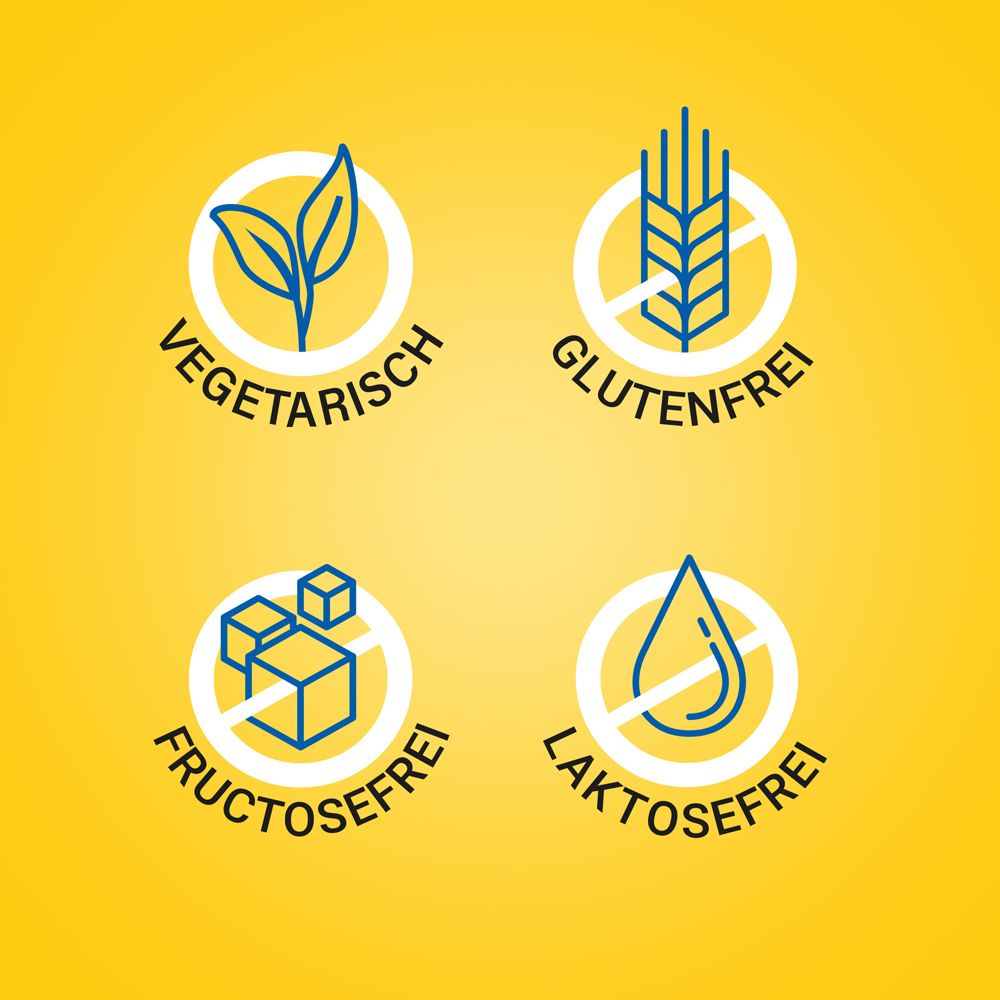 Symbole für vegetarisch, glutenfrei, fruktosefrei und laktosefrei auf gelbem Hintergrund.