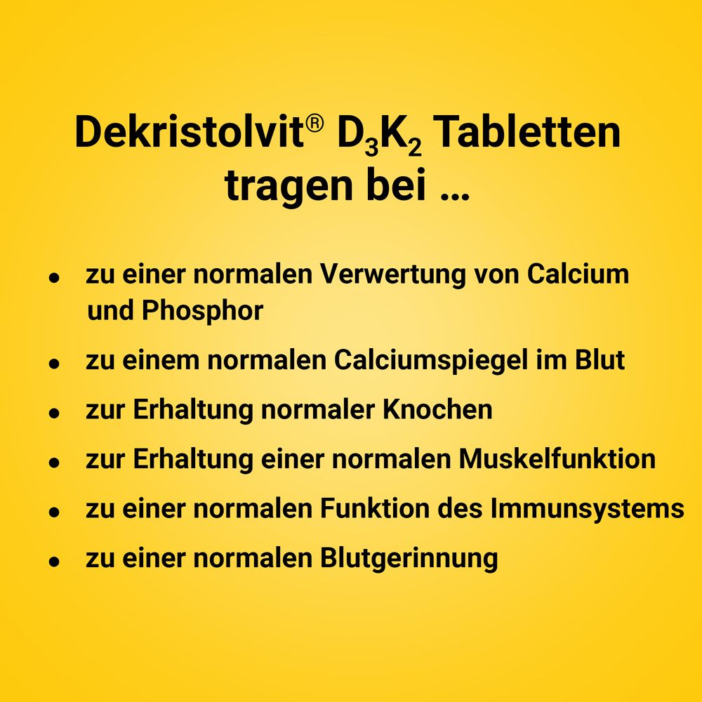 Informationen zu Dekristolvit D3K2 Tabletten: Beitrag zu Knochen, Muskeln und Immunsystem.